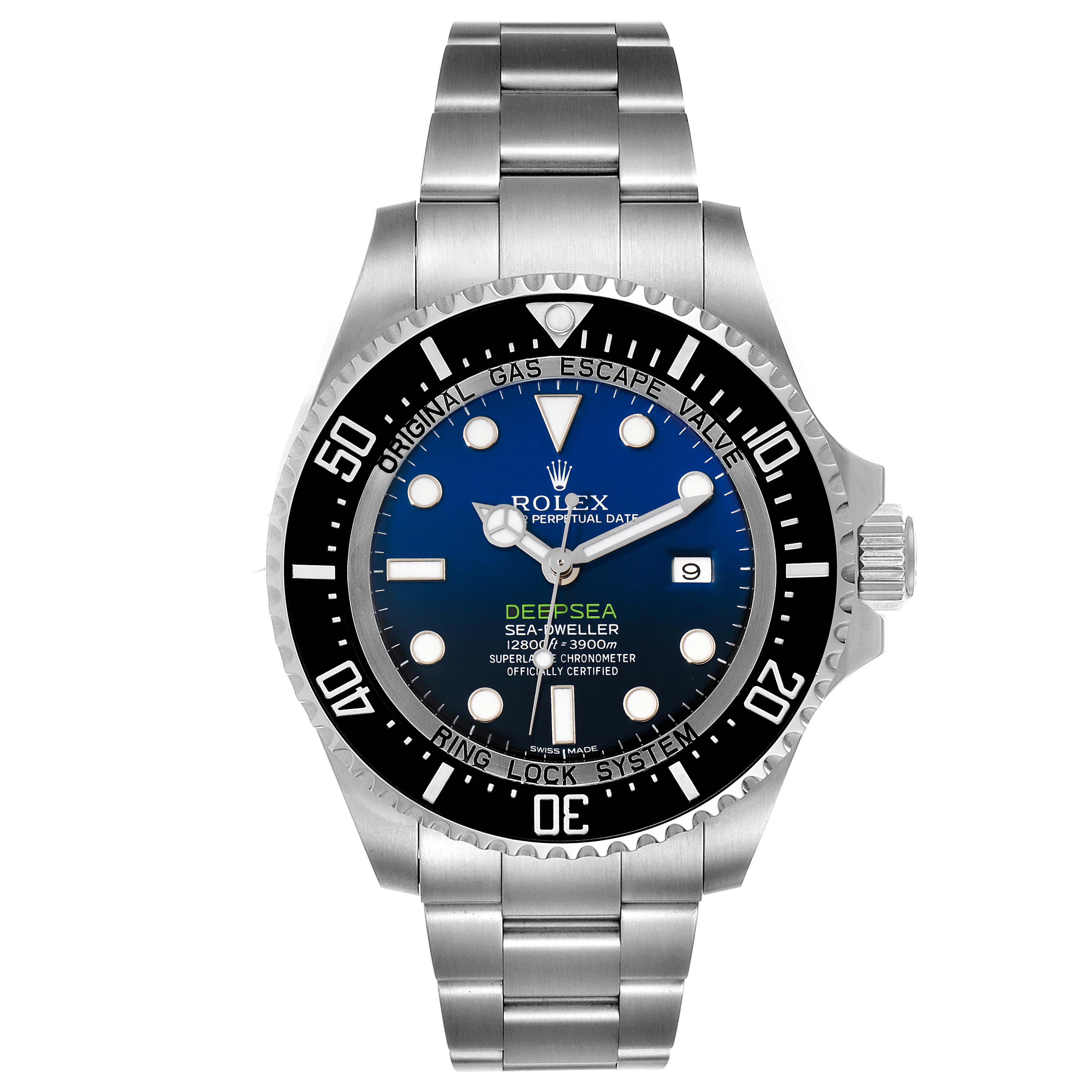 The image shows a front view of the Rolex Sea-Dweller 116660 Men's Stainless Steel Blue Dial 116660 Men's Stainless Steel Blue Dial Deepsea watch, highlighting its dial, bezel, and bracelet.