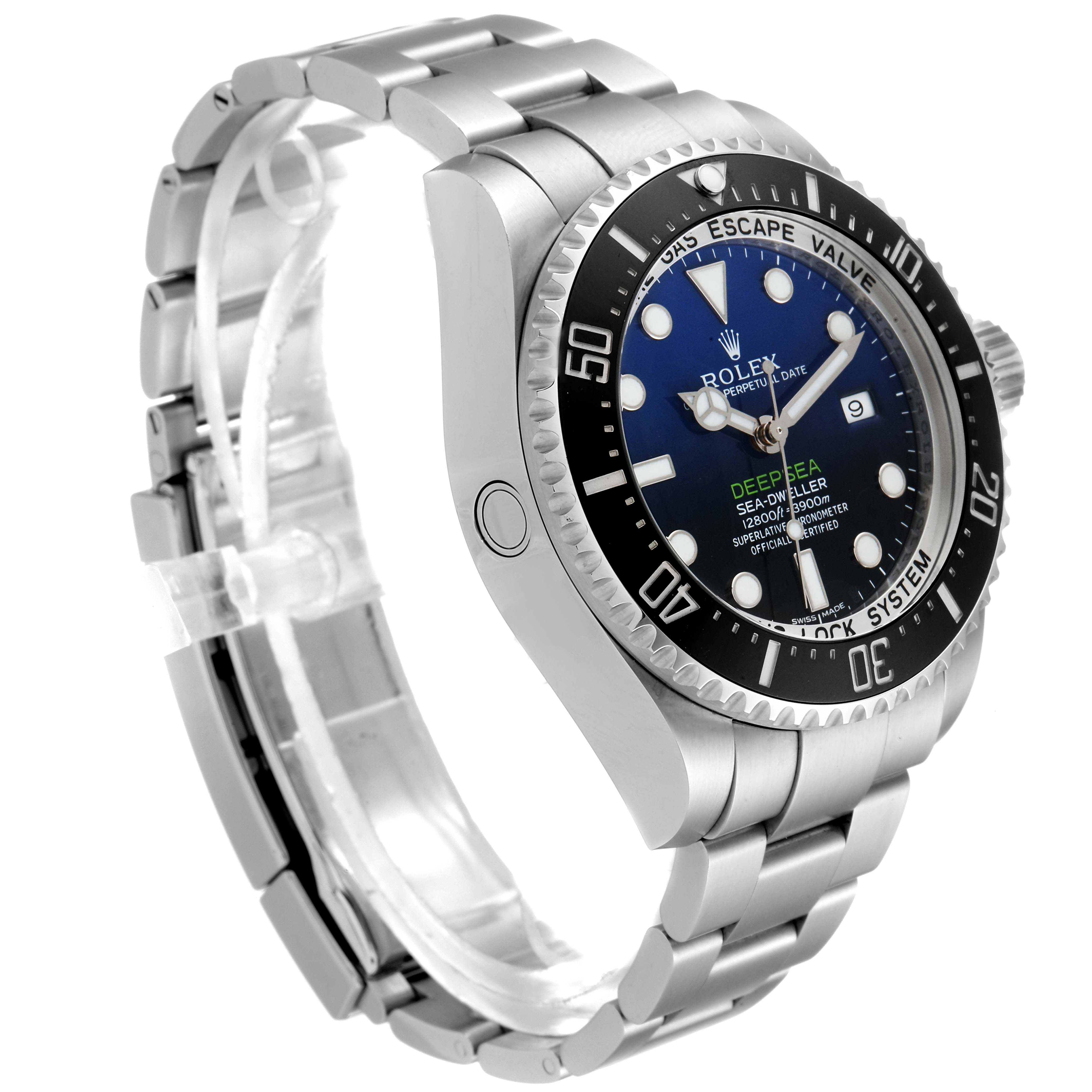 The Rolex Sea-Dweller 116660 Men's Stainless Steel Blue Dial 116660 Men's Stainless Steel Blue Dial watch is shown at a three-quarter angle, highlighting the dial, bezel, case, and bracelet.