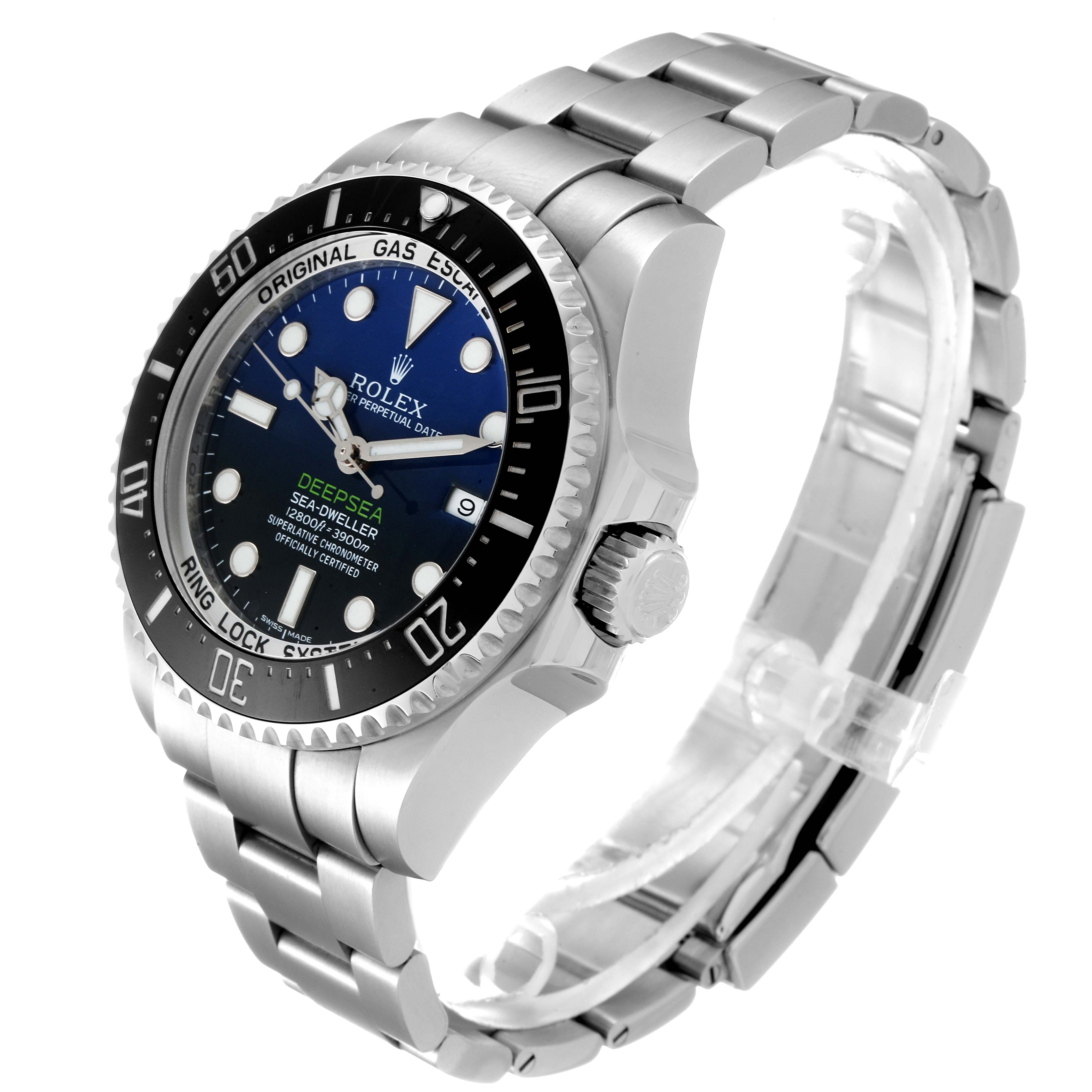 This image shows a side and partial front angle of a Rolex Sea-Dweller 116660 Men's Stainless Steel Blue Dial 116660 Men's Stainless Steel Blue Dial, highlighting the bezel, crown, and bracelet.