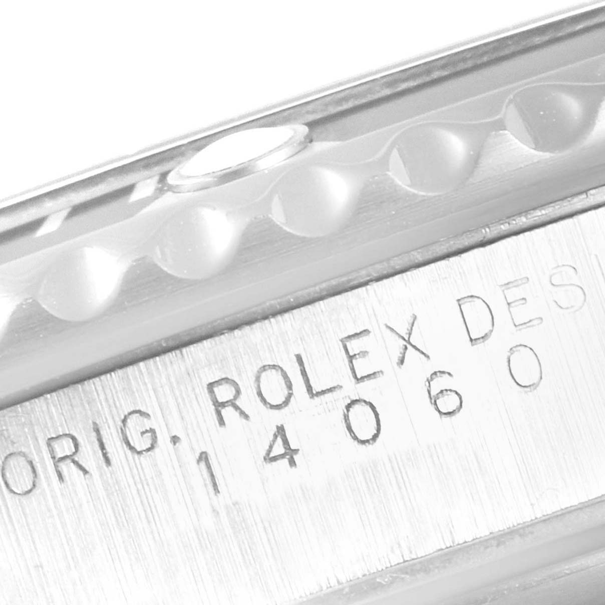 This close-up image shows the case edge and engraving of the Rolex Submariner 14060 Men
s Stainless Steel Black Dial 14060 Men
s Stainless Steel Black Dial model 14060.