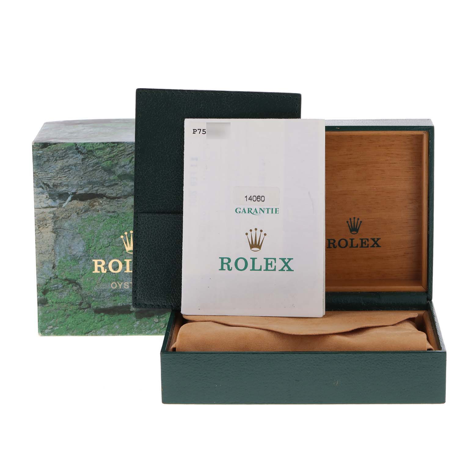 The image shows the packaging, warranty card, and box for a Rolex Submariner 14060 Men
s Stainless Steel Black Dial 14060 Men
s Stainless Steel Black Dial watch.