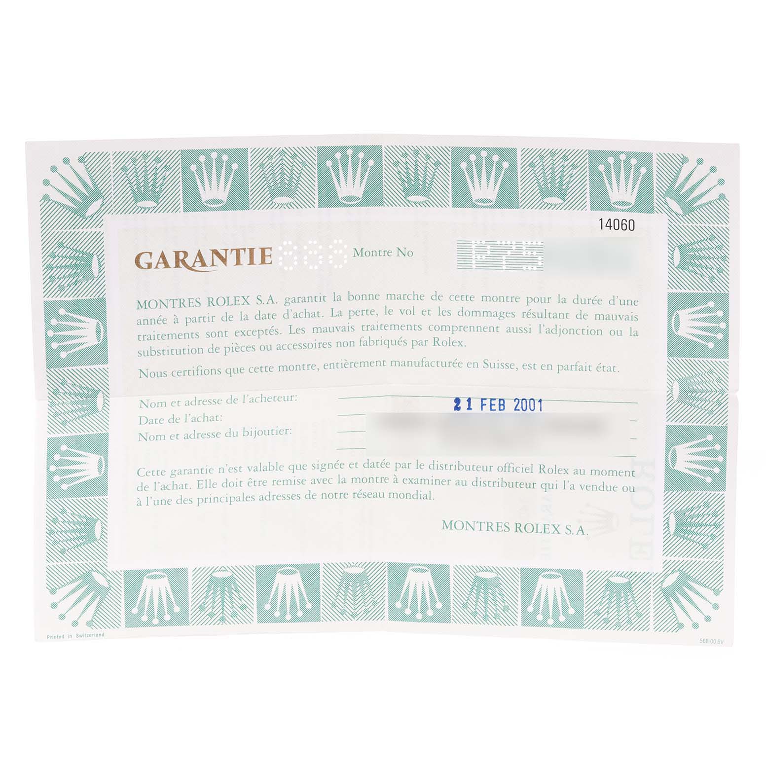 This image shows a warranty certificate for the Rolex Submariner 14060 Men
s Stainless Steel Black Dial 14060 Men
s Stainless Steel Black Dial watch model.