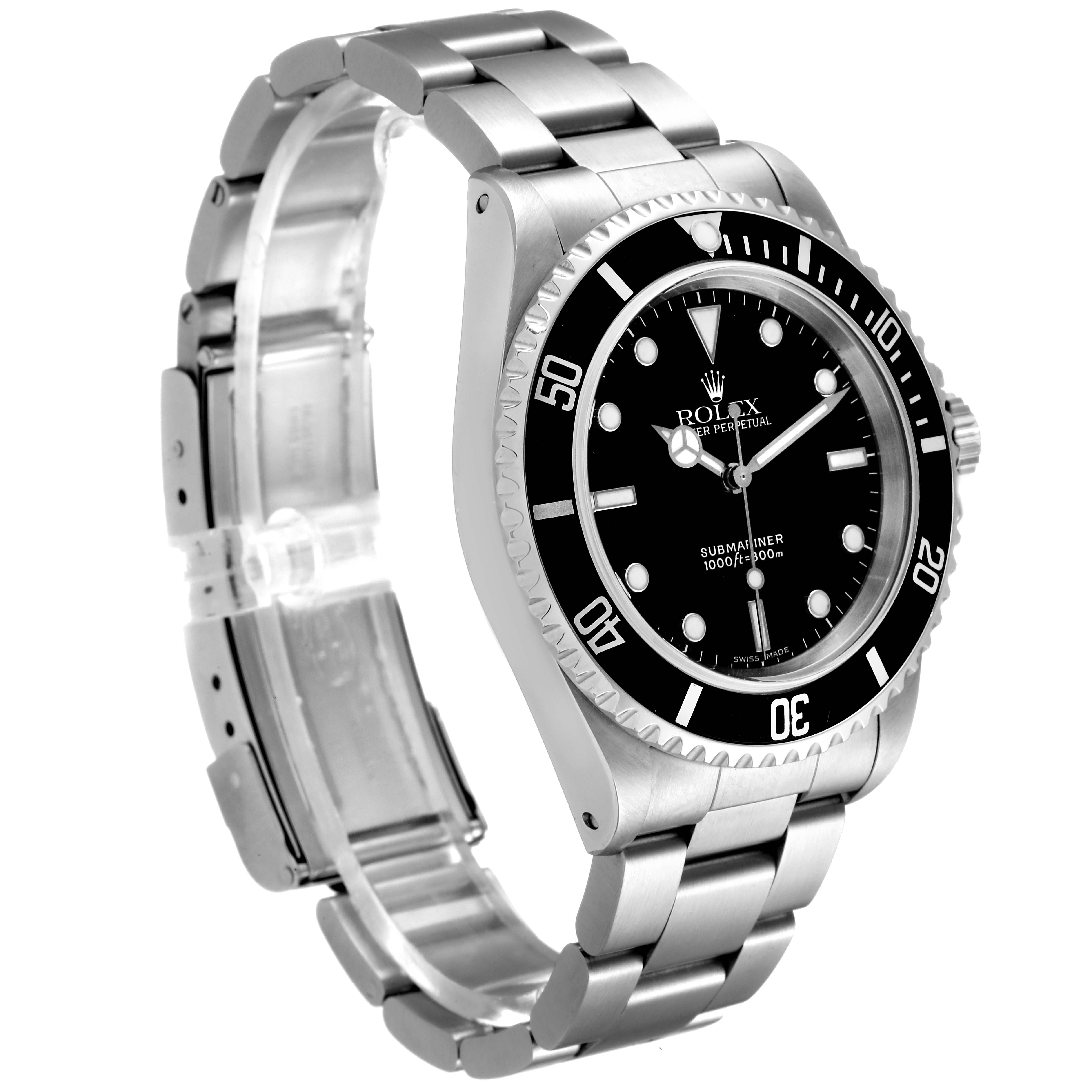 The image shows a side angle of the Rolex Submariner 14060 Men
s Stainless Steel Black Dial 14060 Men
s Stainless Steel Black Dial watch, highlighting its bezel, dial, and bracelet.