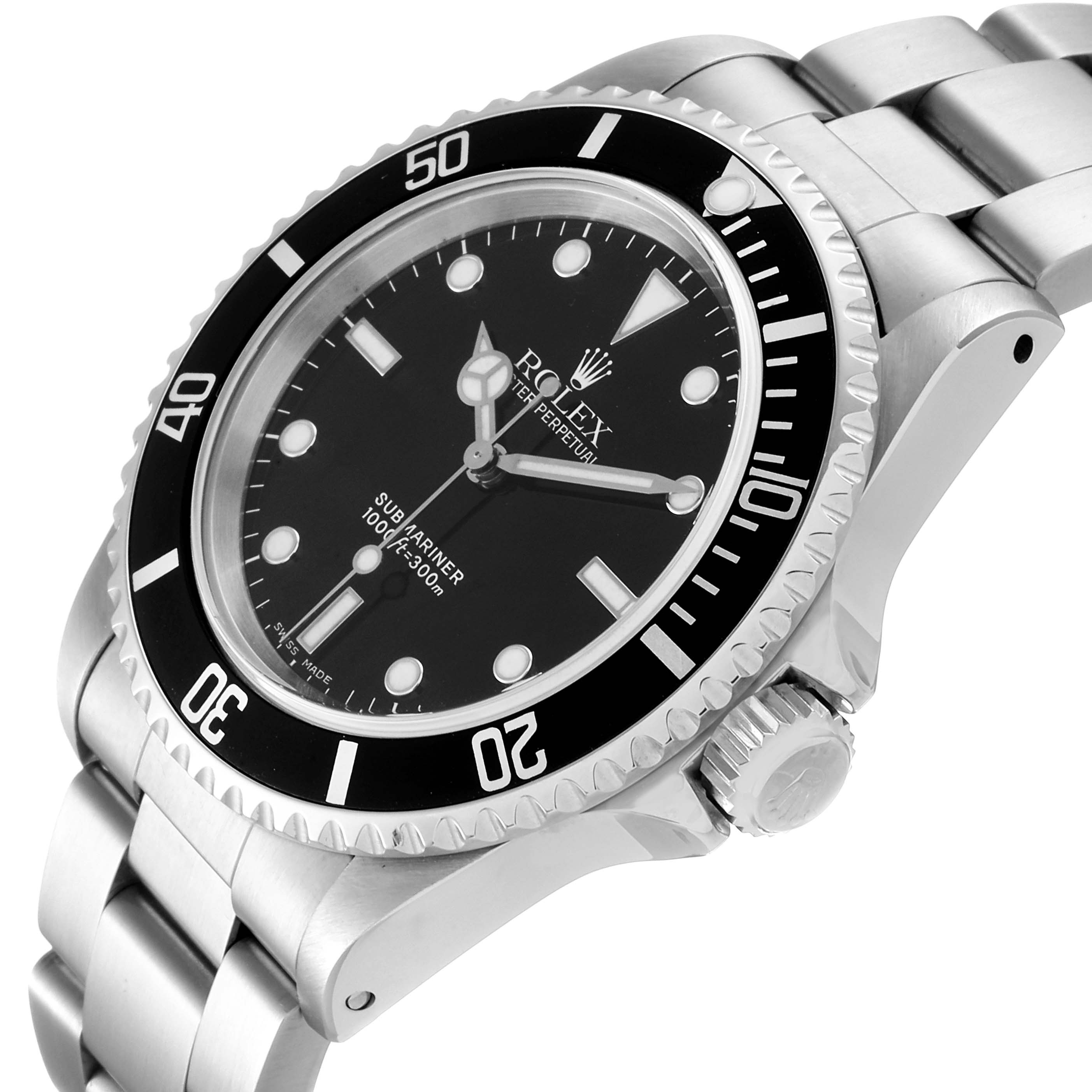 This angle of the Rolex Submariner 14060 Men
s Stainless Steel Black Dial 14060 Men
s Stainless Steel Black Dial showcases the watch face, bezel, crown, and part of the bracelet.