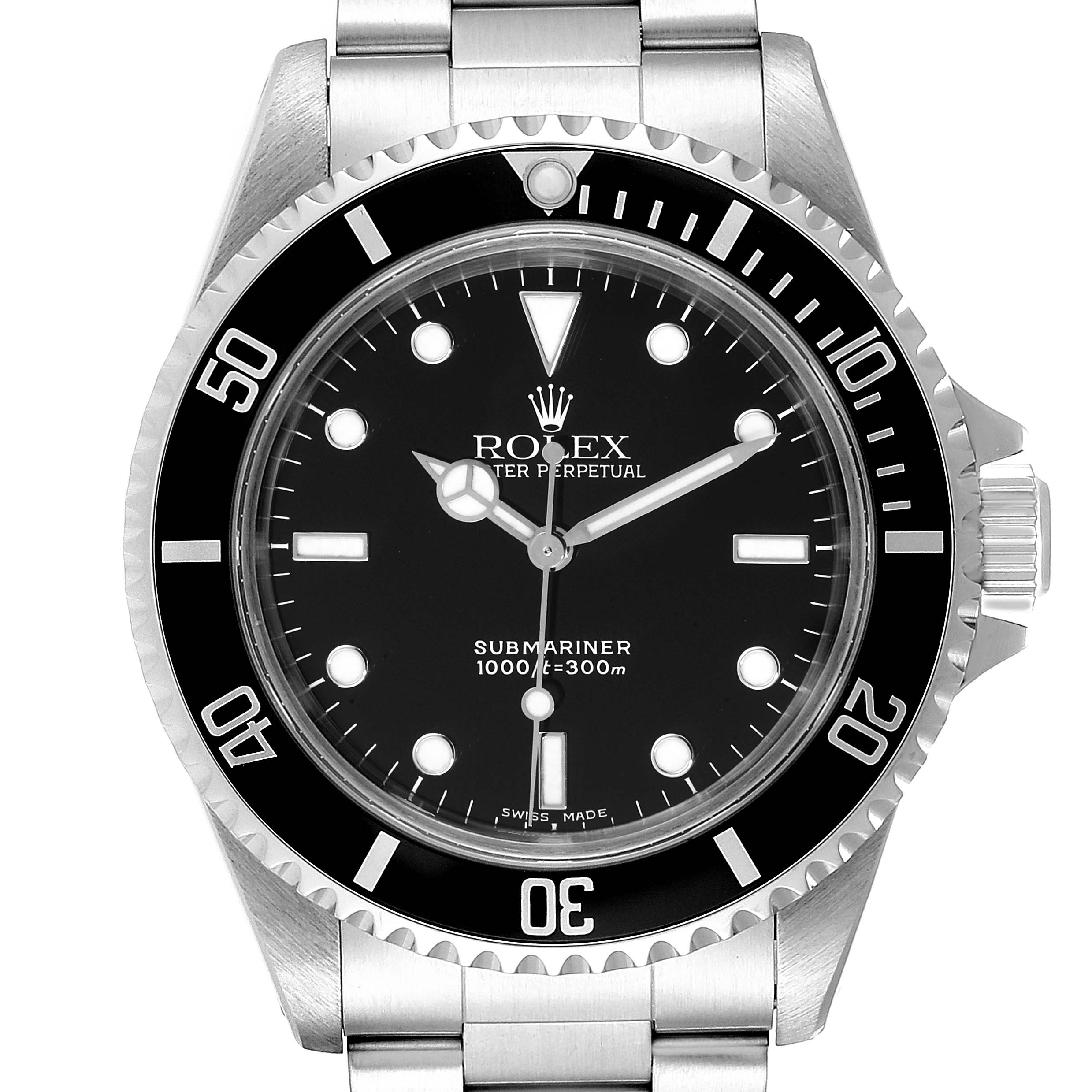 This image shows the front face of a Rolex Submariner 14060 Men
s Stainless Steel Black Dial 14060 Men
s Stainless Steel Black Dial, highlighting its dial, bezel, and part of the bracelet.