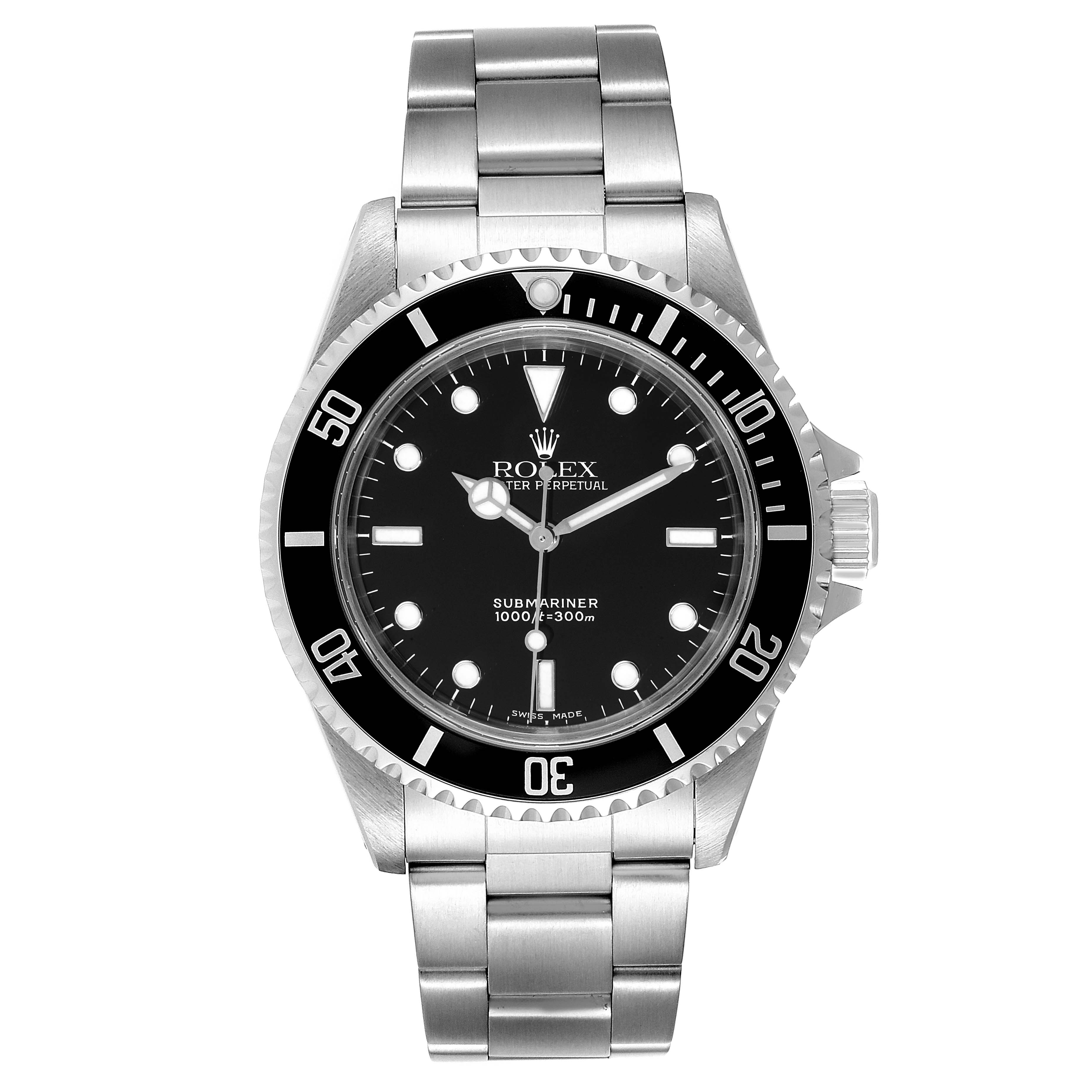 This image shows a frontal view of a Rolex Submariner 14060 Men
s Stainless Steel Black Dial 14060 Men
s Stainless Steel Black Dial watch with a stainless steel bracelet and black bezel.