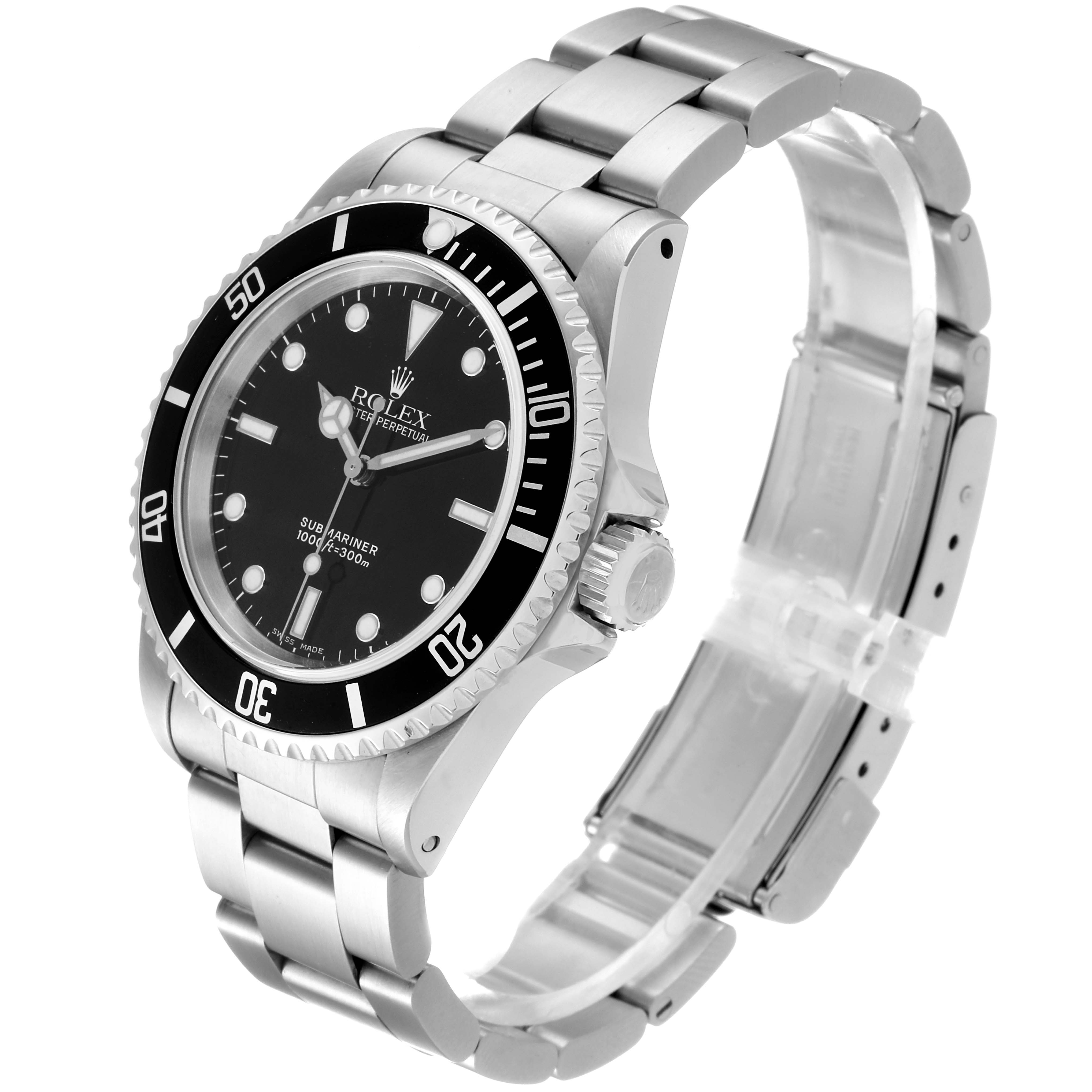 This image shows a side angle of the Rolex Submariner 14060 Men
s Stainless Steel Black Dial 14060 Men
s Stainless Steel Black Dial watch, displaying the dial, bezel, crown, and stainless steel bracelet.