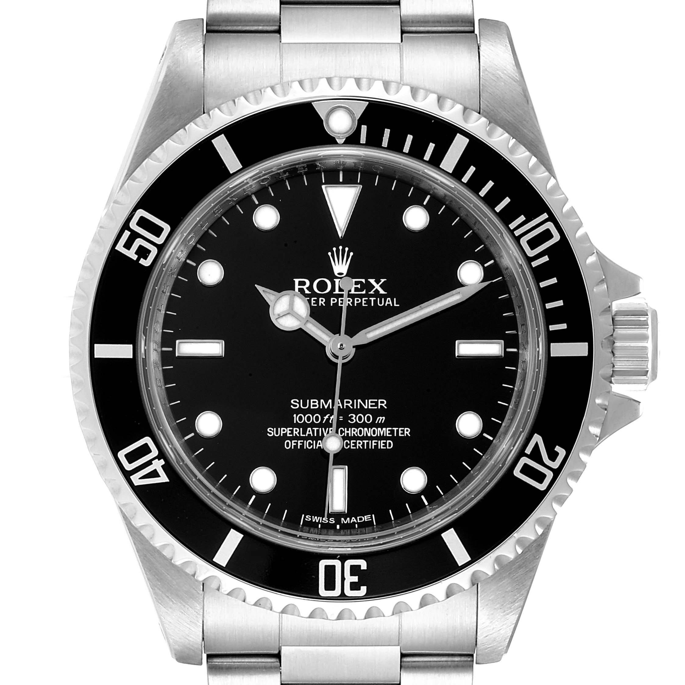 This is a front view of the Rolex Submariner 14060 Men's Stainless Steel Black Dial 14060 Men's Stainless Steel Black Dial watch, displaying its black dial, bezel, and stainless steel bracelet.