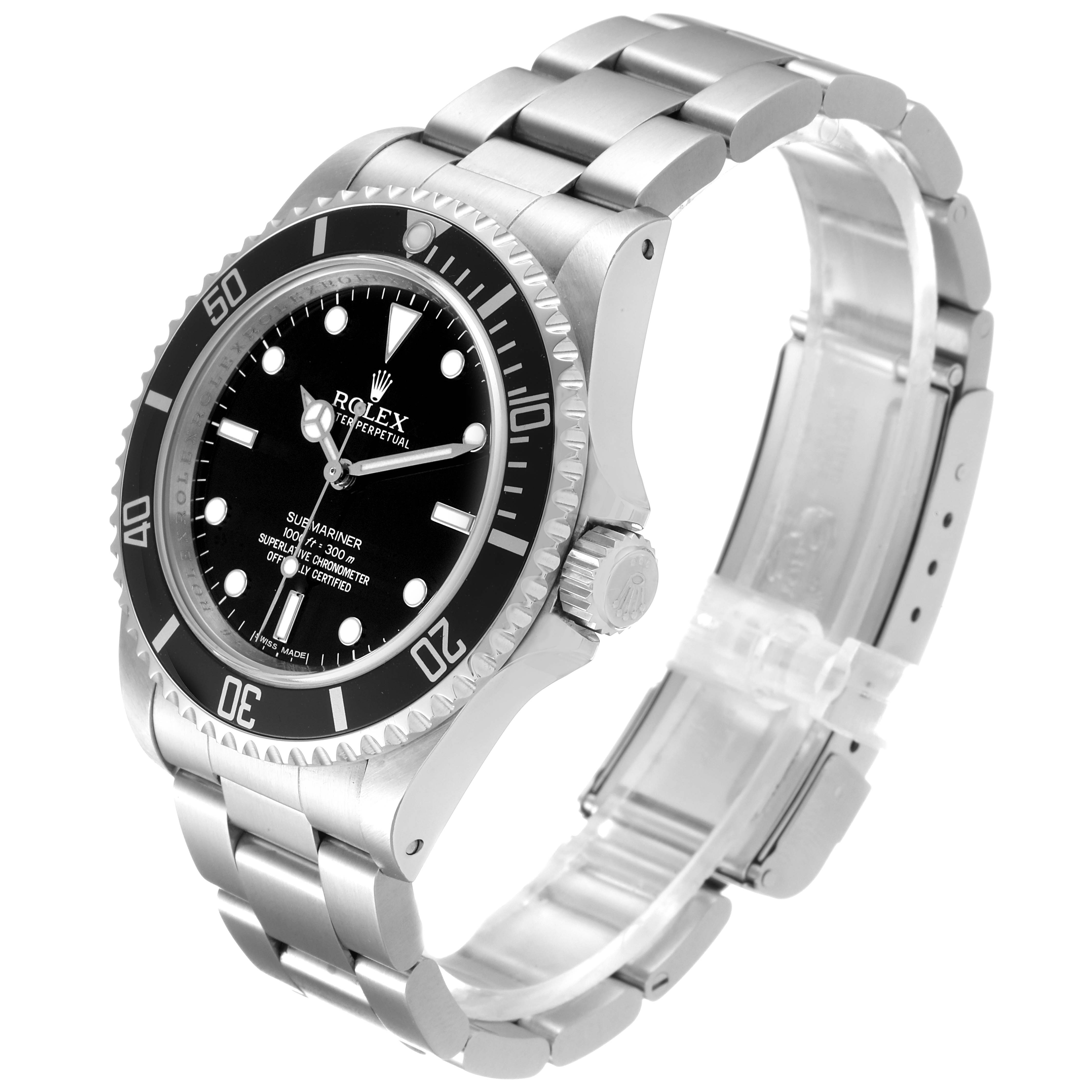 The image shows a side angle of the Rolex Submariner 14060 Men's Stainless Steel Black Dial 14060 Men's Stainless Steel Black Dial, highlighting the dial, bezel, and bracelet.