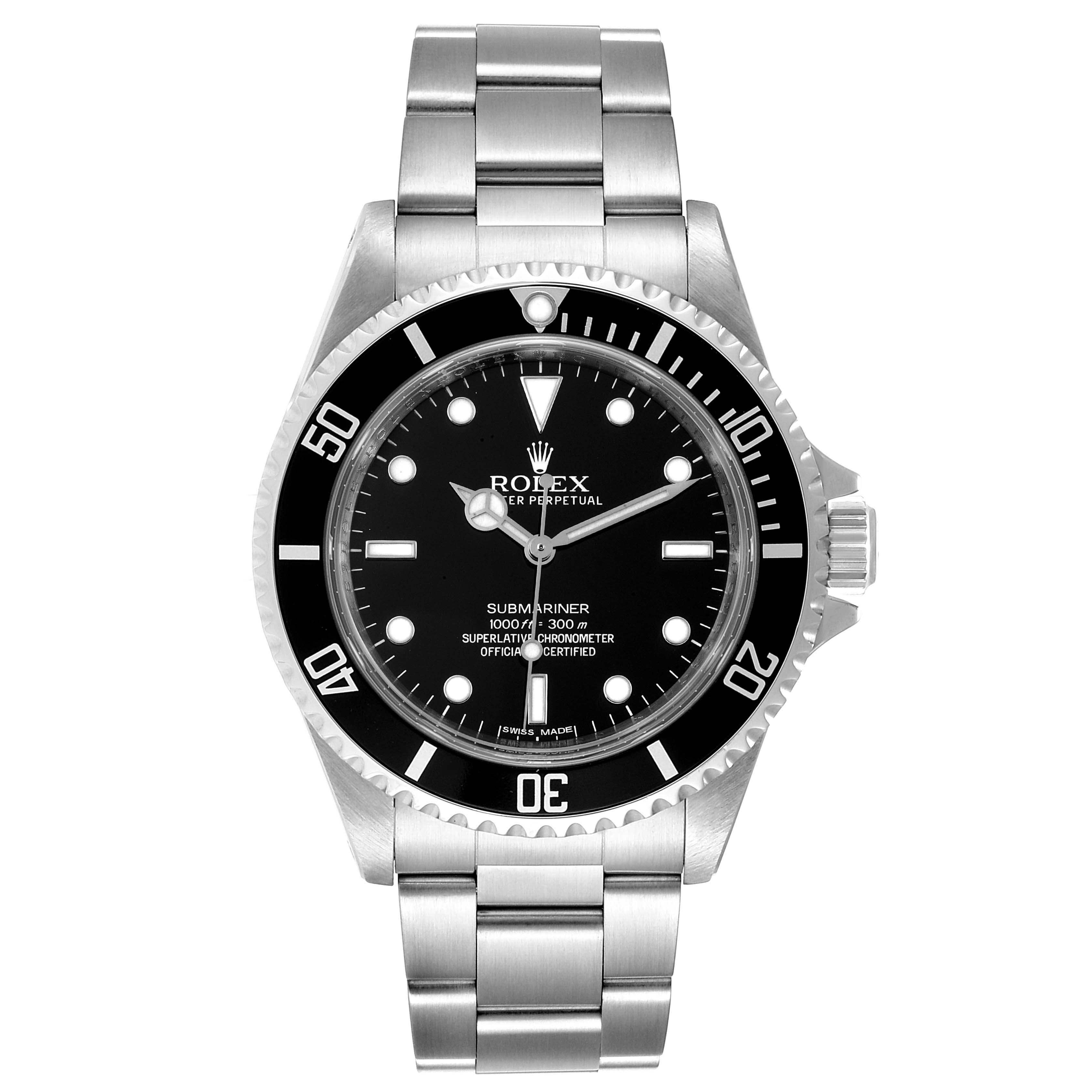 This image shows a front view of a Rolex Submariner 14060 Men's Stainless Steel Black Dial 14060 Men's Stainless Steel Black Dial watch, displaying the entire watch including the face, bezel, and bracelet.