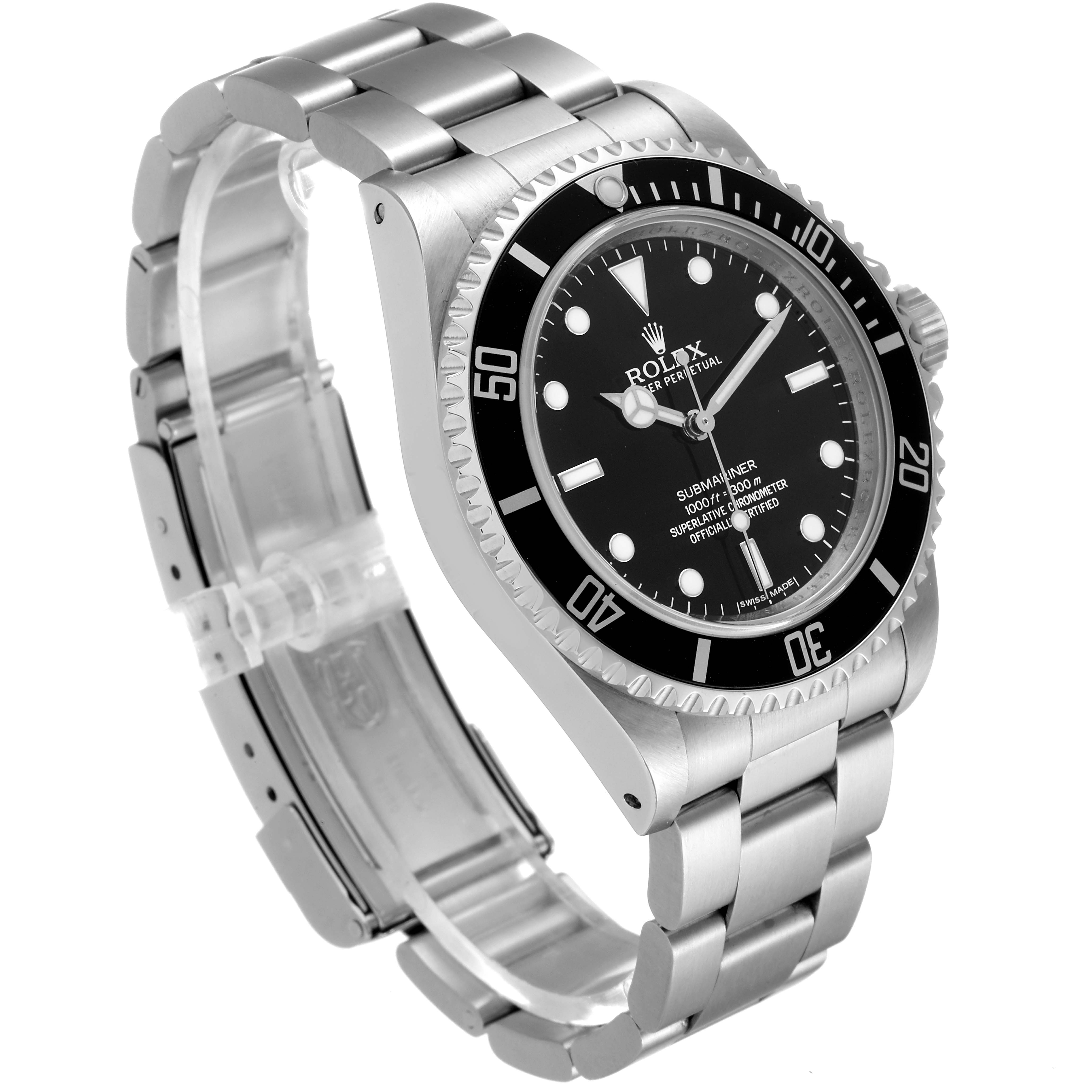 This image shows a side angle of a Rolex Submariner 14060 Men's Stainless Steel Black Dial 14060 Men's Stainless Steel Black Dial watch, displaying its bezel, dial, crown, and bracelet.