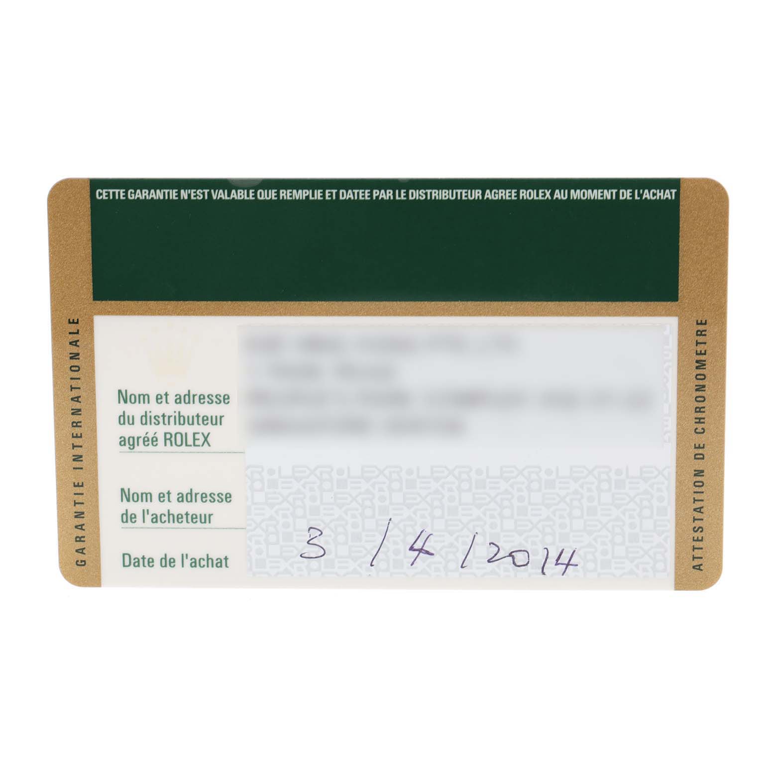 The image shows a warranty card for the Rolex Submariner 14060 Men's Stainless Steel Black Dial 14060 Men's Stainless Steel Black Dial watch, displayed from a top-down angle.