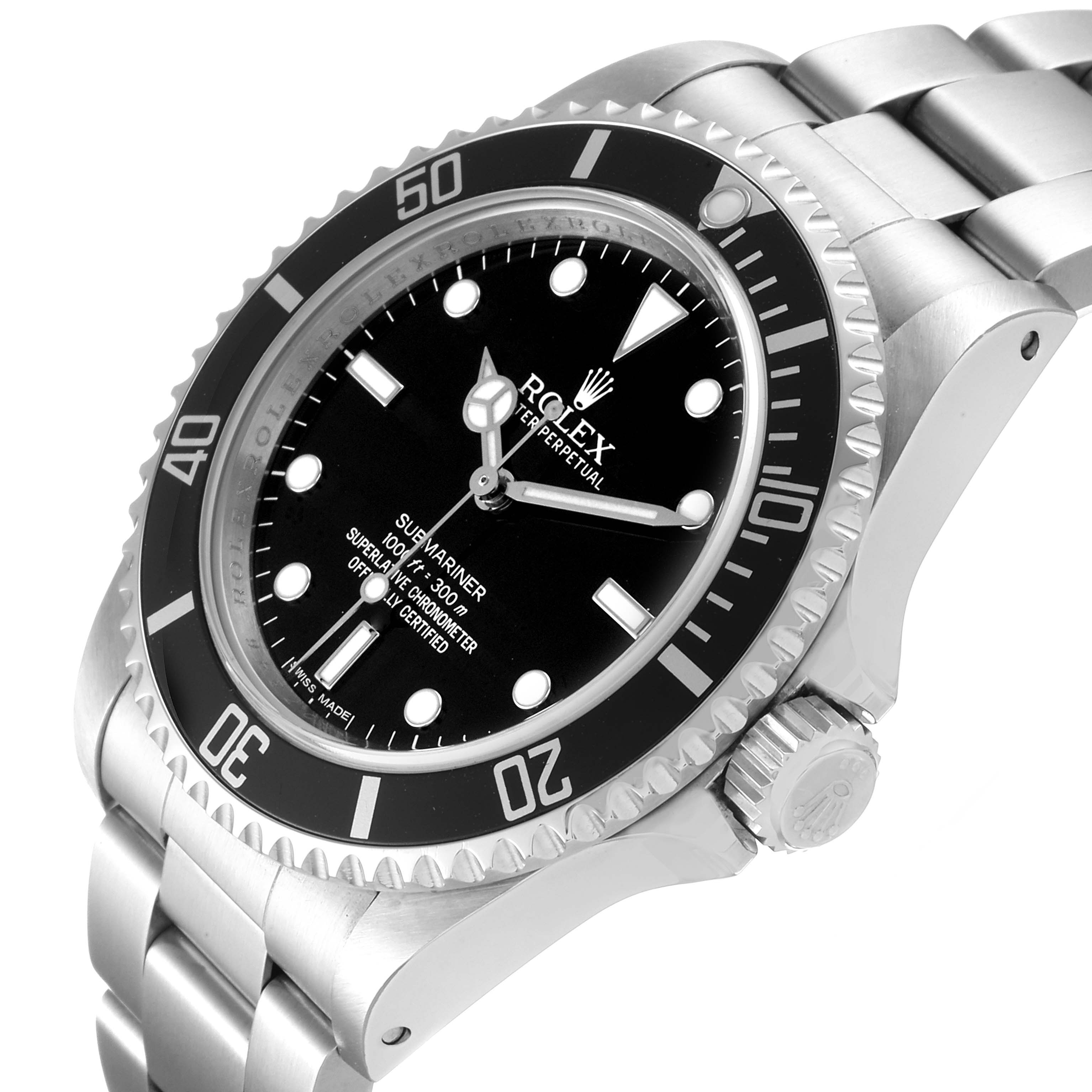 The image shows a Rolex Submariner 14060 Men's Stainless Steel Black Dial 14060 Men's Stainless Steel Black Dial watch from an oblique angle, highlighting the black dial, bezel, crown, and the metal bracelet.
