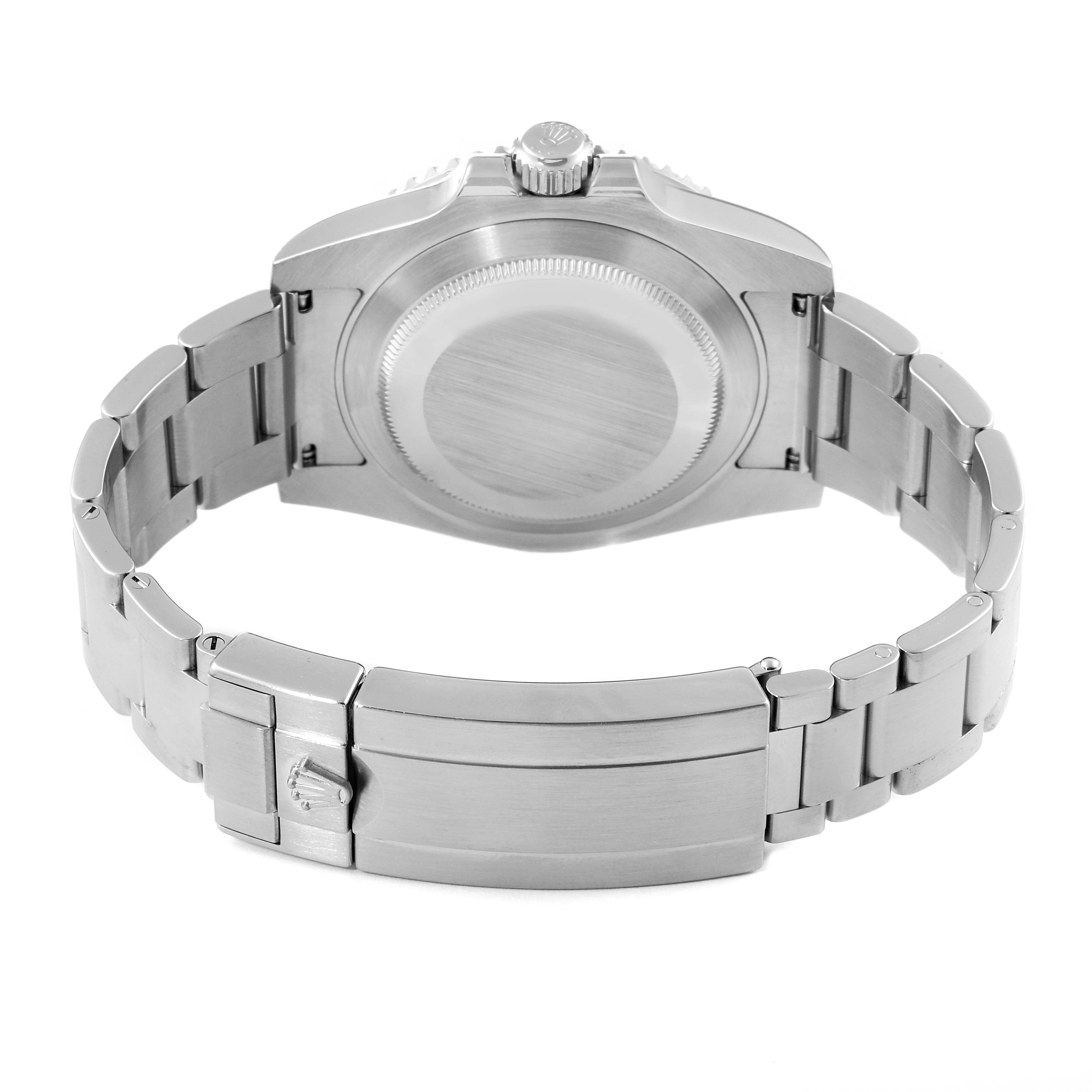 The image shows the back view of a Rolex Submariner 116610LN Men
s Stainless Steel Black Dial 116610LN Men
s Stainless Steel Black Dial watch, highlighting its clasp and bracelet.