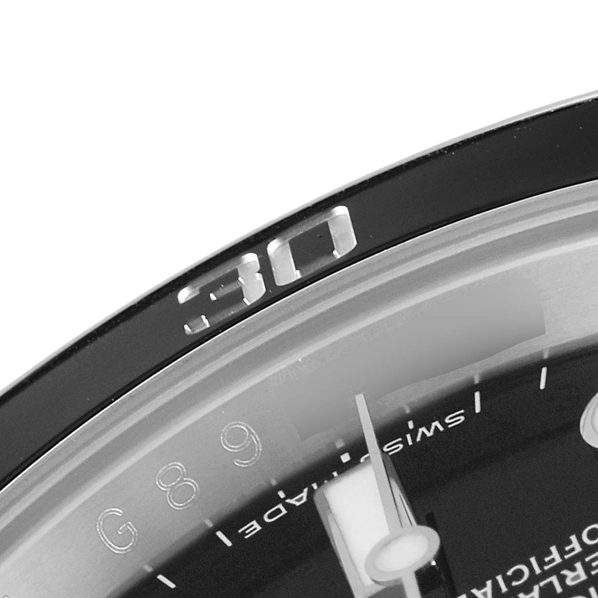 The image shows a close-up of the bezel and dial of the Rolex Submariner 116610LN Men
s Stainless Steel Black Dial 116610LN Men
s Stainless Steel Black Dial, highlighting the "30" mark.