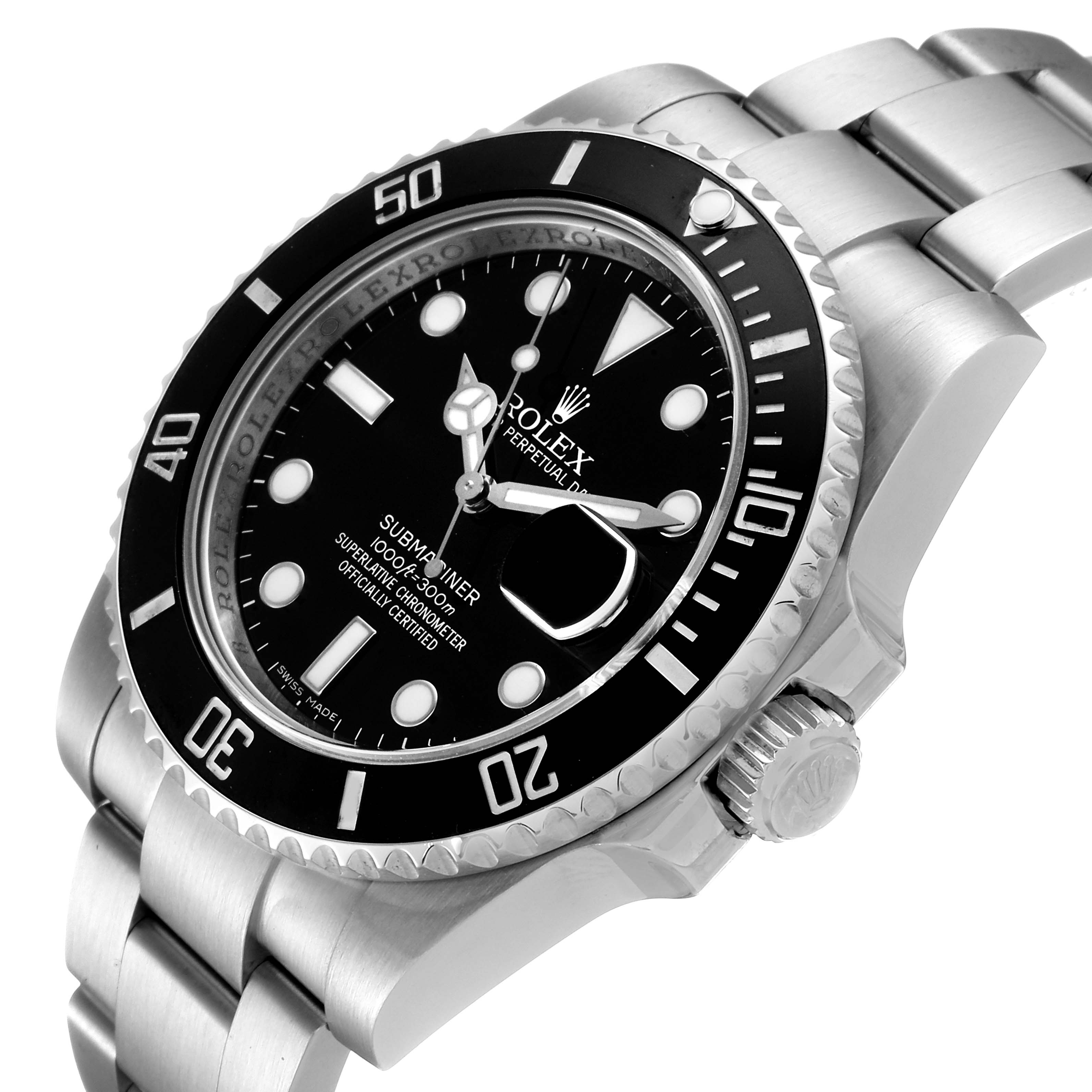This image shows a close-up, angled view of the Rolex Submariner 116610LN Men
s Stainless Steel Black Dial 116610LN Men
s Stainless Steel Black Dial watch, highlighting the bezel, dial, and bracelet.