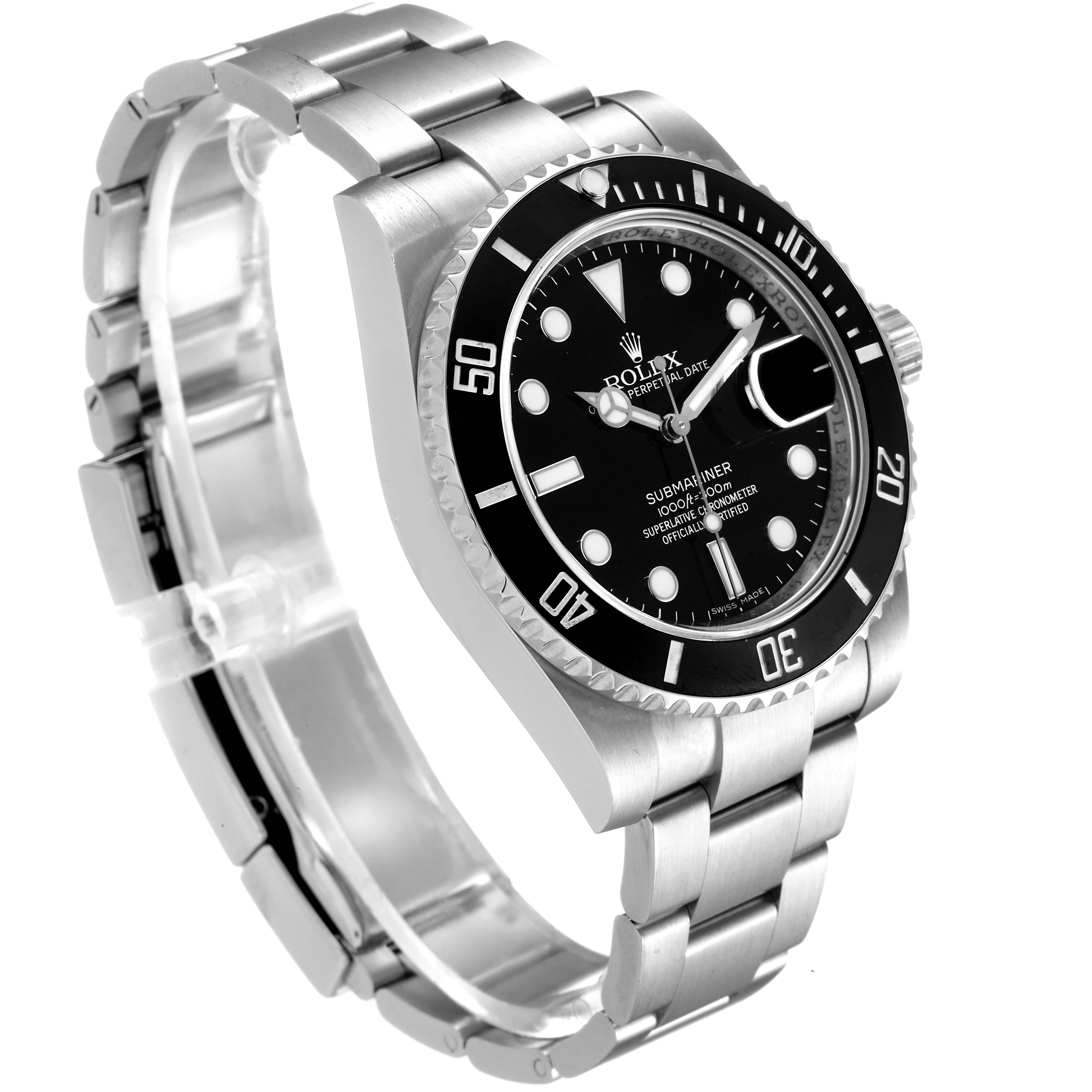 This image shows a Rolex Submariner 116610LN Men
s Stainless Steel Black Dial 116610LN Men
s Stainless Steel Black Dial watch from a three-quarter angle, highlighting the face, bezel, and bracelet.
