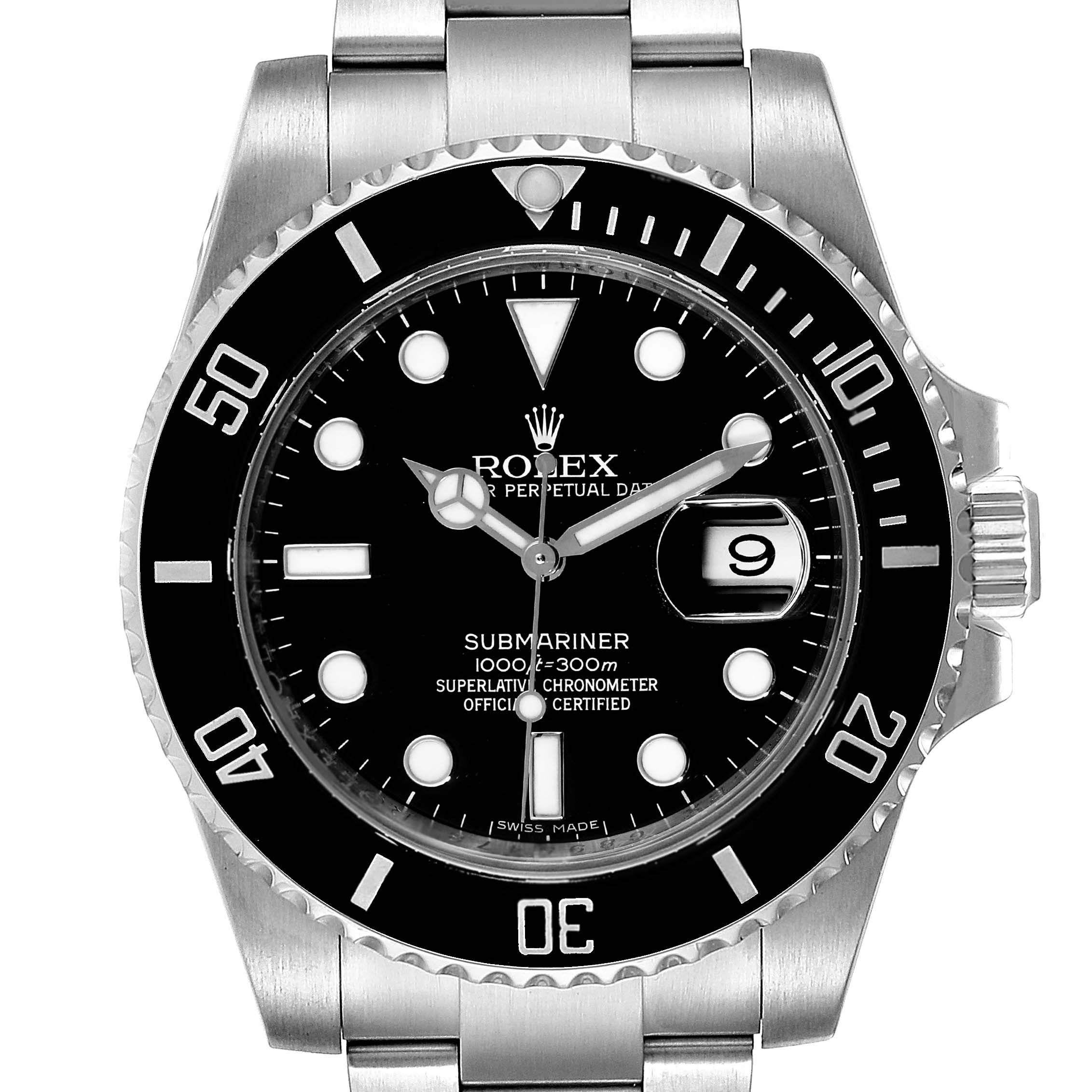The image shows a Rolex Submariner 116610LN Men
s Stainless Steel Black Dial 116610LN Men
s Stainless Steel Black Dial watch, front view, displaying the dial, bezel, crown, and part of the bracelet.