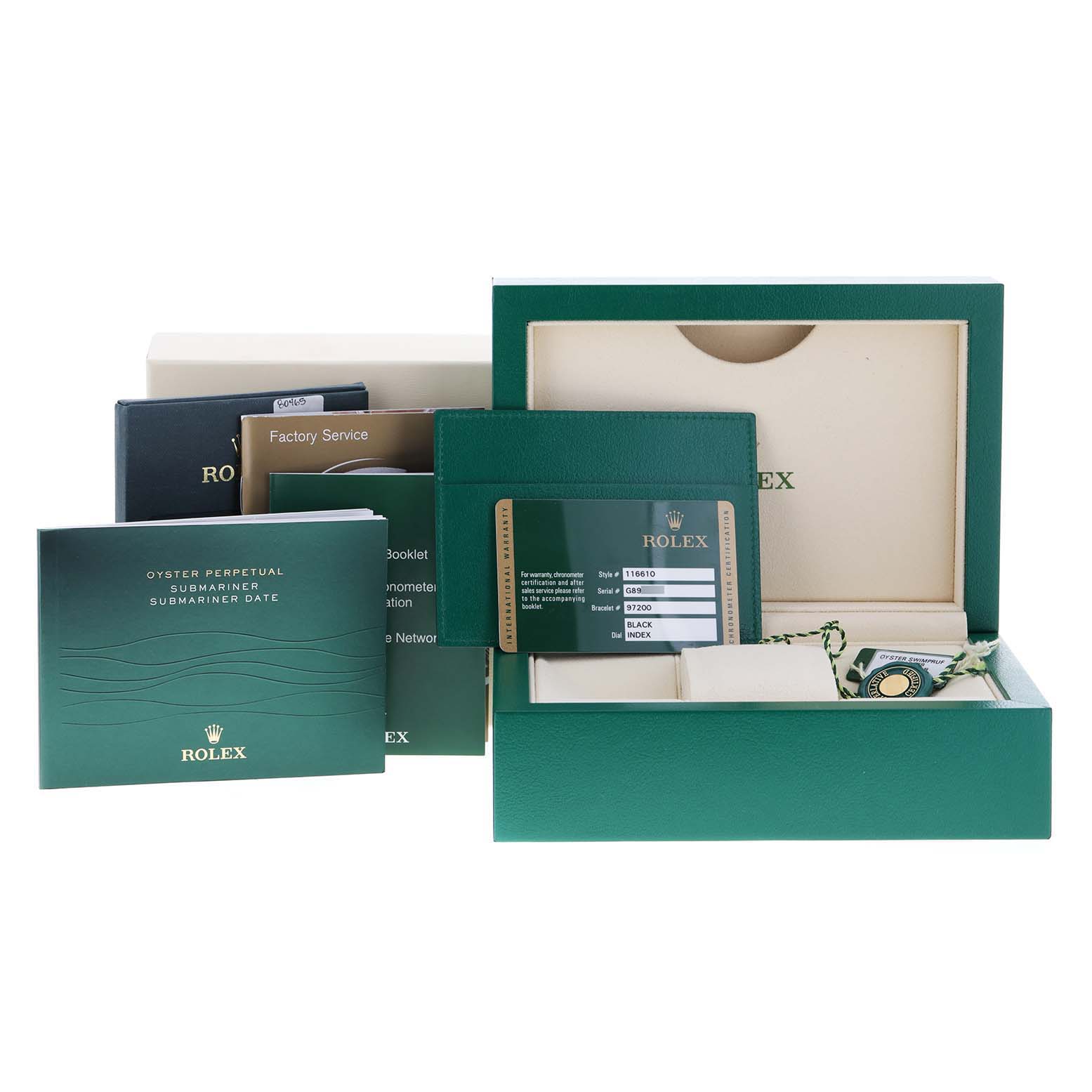 The image shows the packaging, warranty card, booklets, and accessories for a Rolex Submariner 116610LN Men
s Stainless Steel Black Dial 116610LN Men
s Stainless Steel Black Dial watch.
