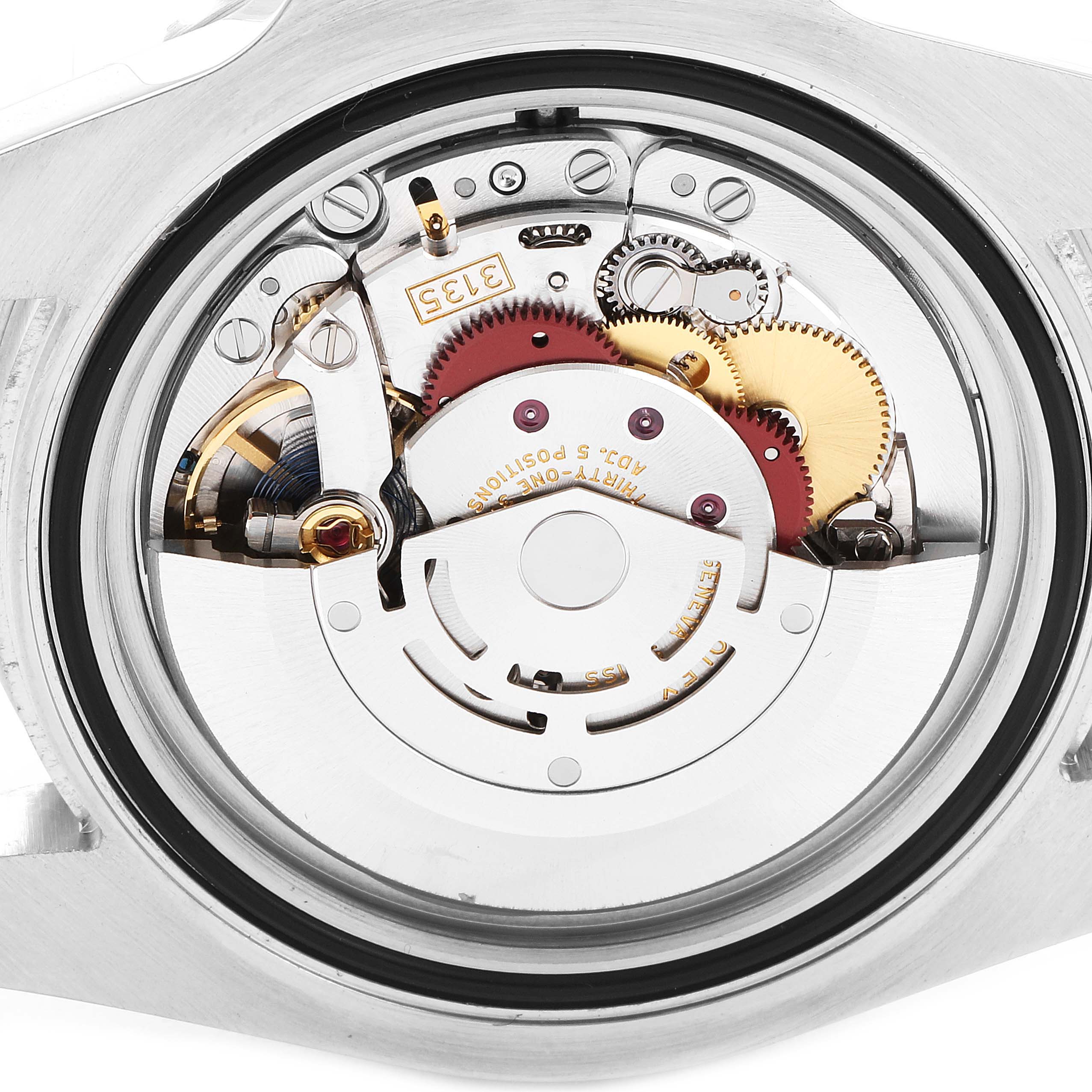 This image shows the internal mechanical movement of a Rolex Submariner 116610LN Men
s Stainless Steel Black Dial 116610LN Men
s Stainless Steel Black Dial watch from a rear angle.