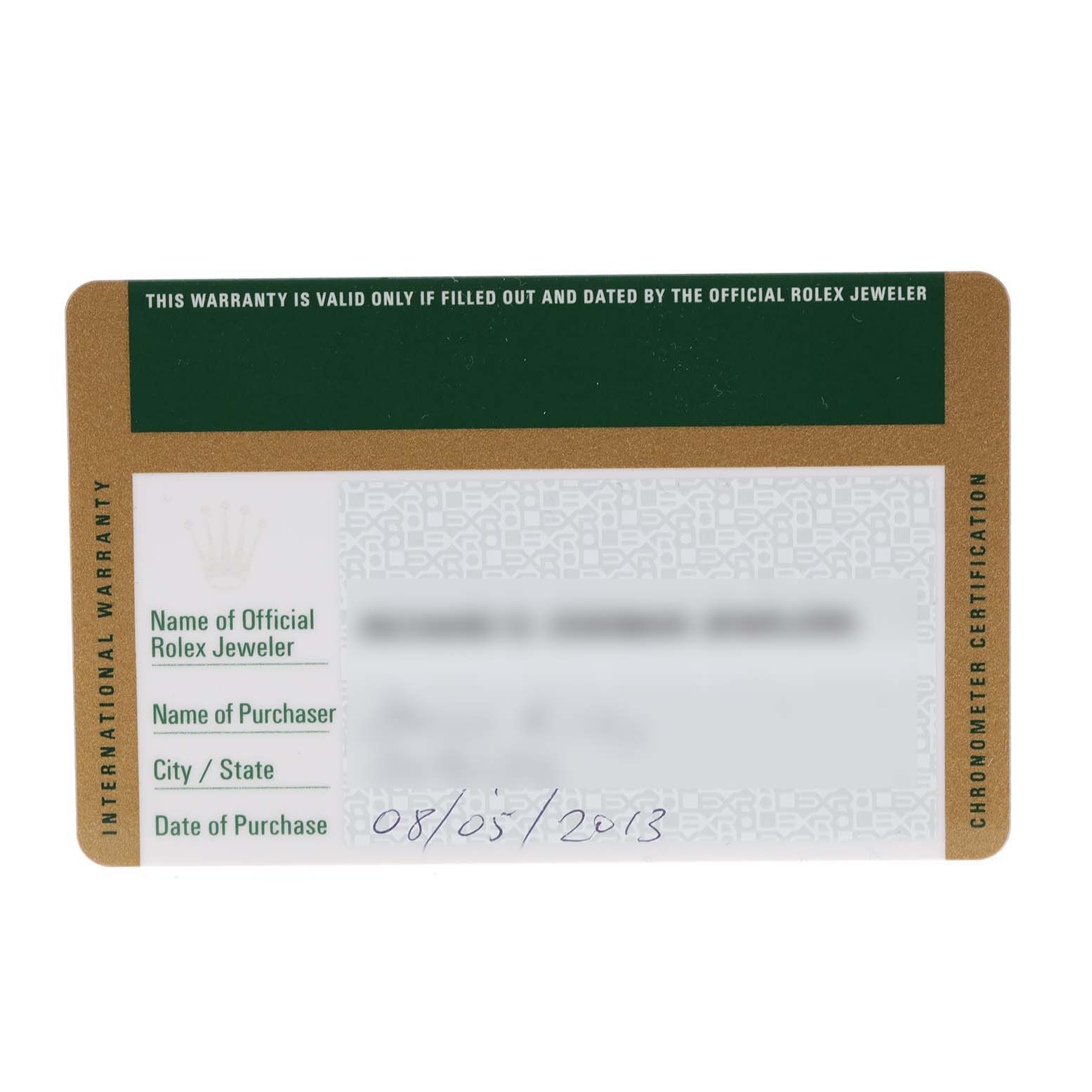 This image shows an international warranty card for a Rolex Submariner 116610LN Men
s Stainless Steel Black Dial 116610LN Men
s Stainless Steel Black Dial watch.