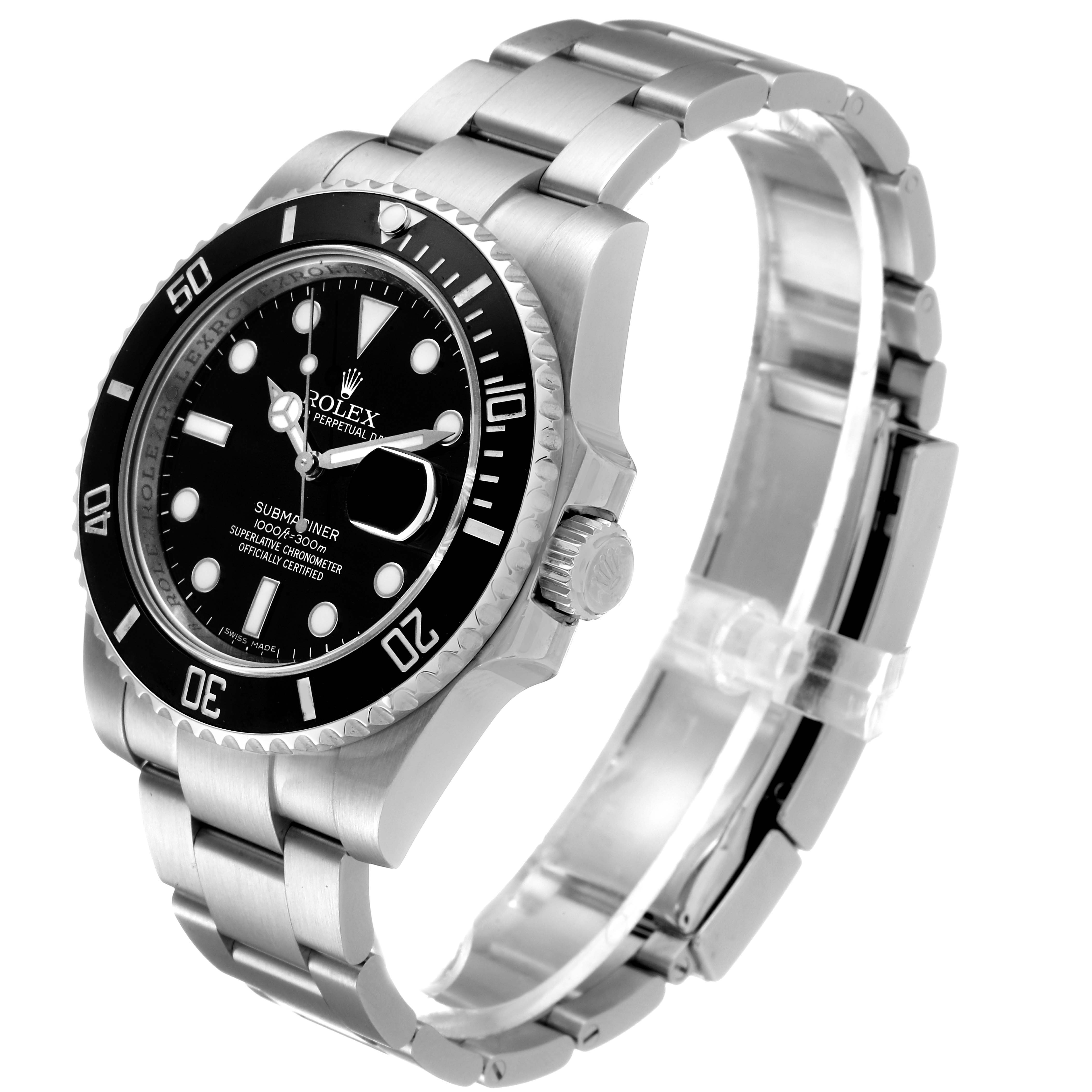 The image shows a side view of the Rolex Submariner 116610LN Men
s Stainless Steel Black Dial 116610LN Men
s Stainless Steel Black Dial watch, highlighting its bezel, crown, dial, and bracelet.