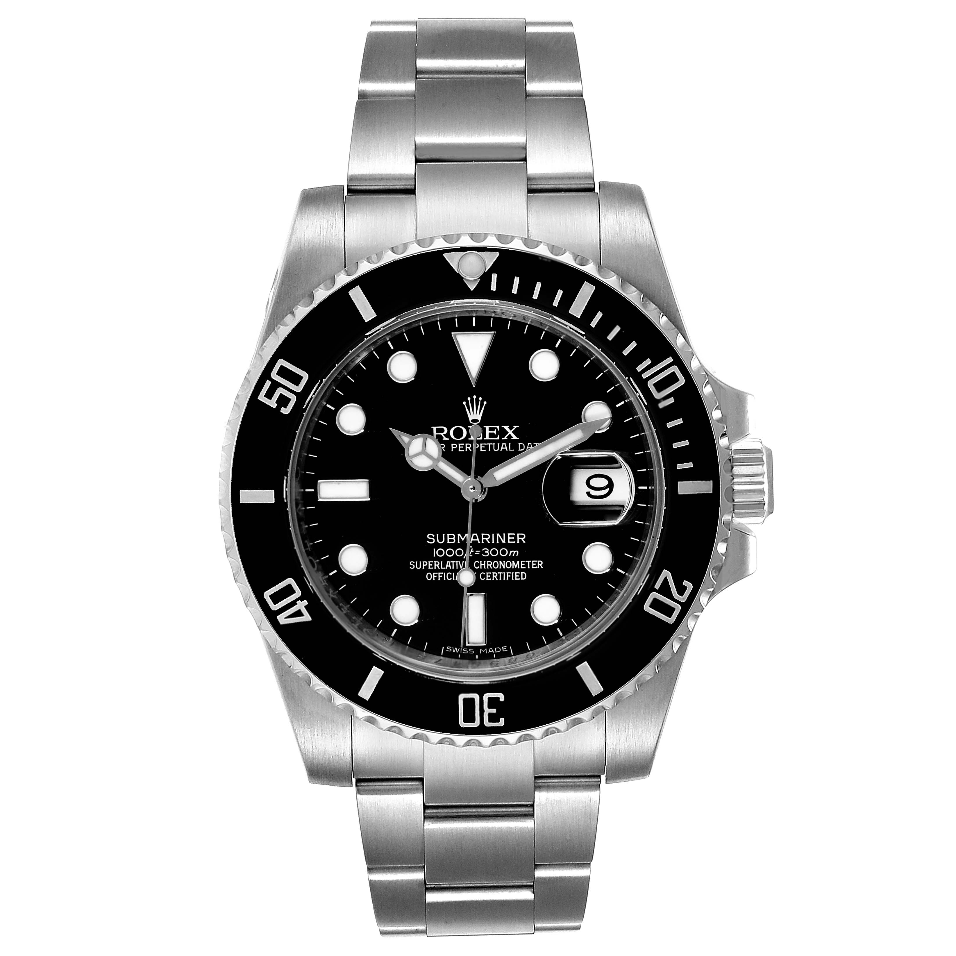 This image shows the front view of a Rolex Submariner 116610LN Men
s Stainless Steel Black Dial 116610LN Men
s Stainless Steel Black Dial watch, highlighting its dial, bezel, case, and bracelet.
