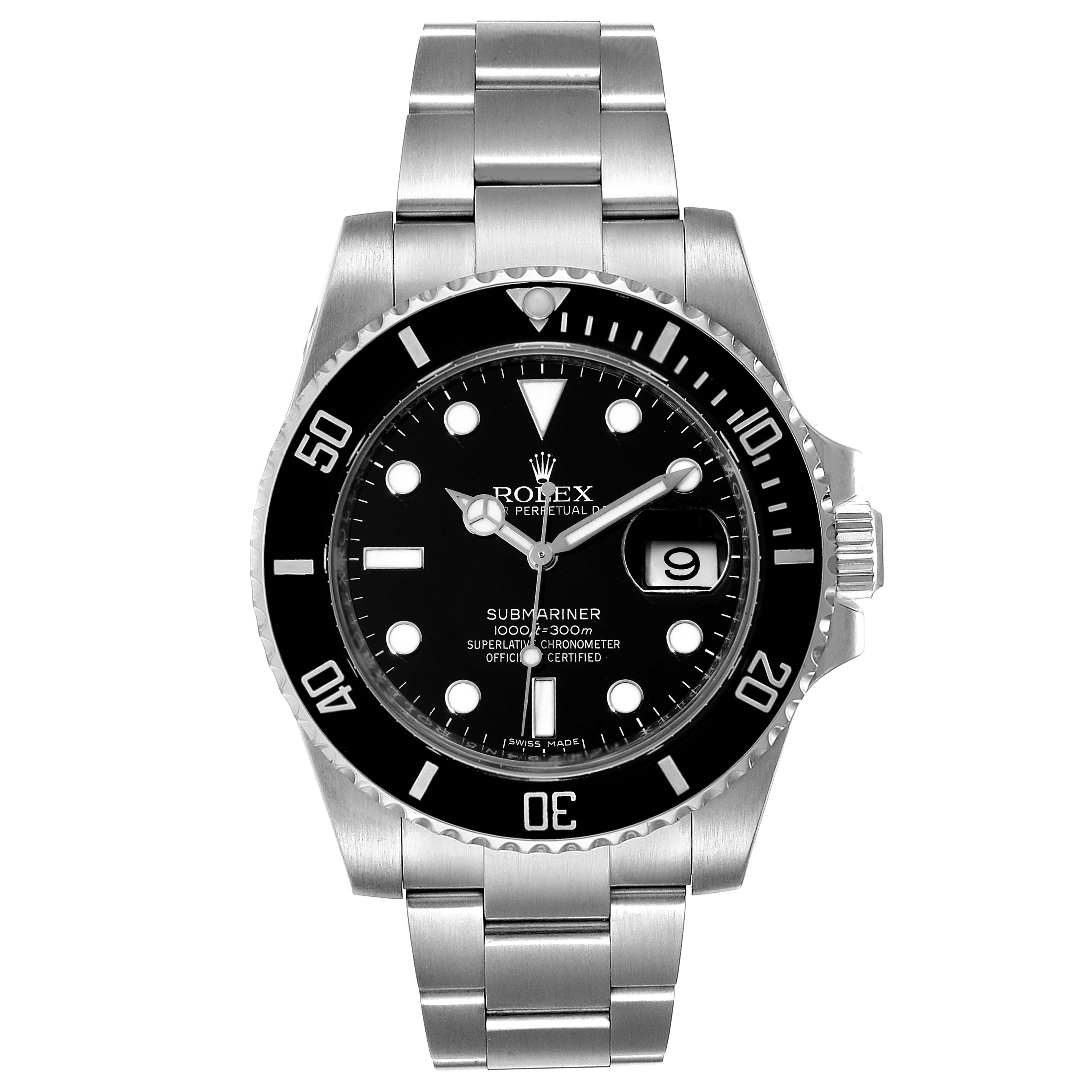 This image shows a front view of the Rolex Submariner 116610LN Men
s Stainless Steel Black Dial 116610LN Men
s Stainless Steel Black Dial watch, displaying the dial, bezel, hands, and bracelet.