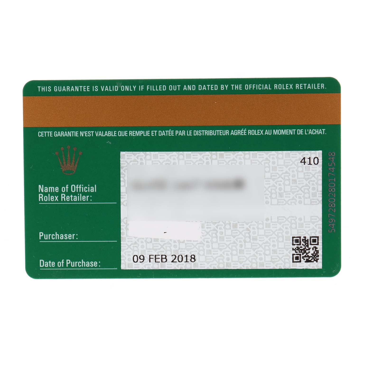 The image shows the warranty card for a Rolex Submariner 116610LN Men
s Stainless Steel Black Dial 116610LN Men
s Stainless Steel Black Dial, including purchase details and retailer information.