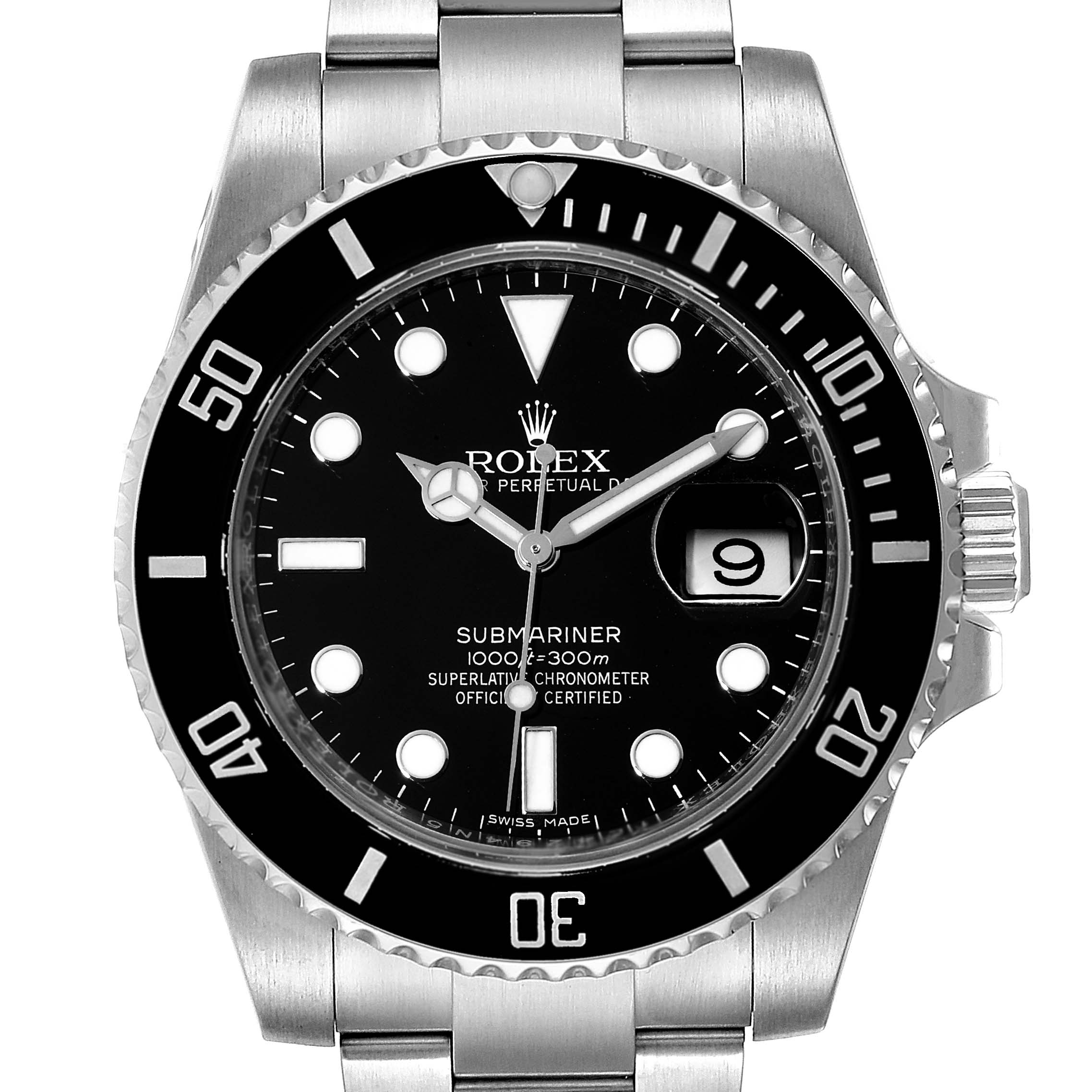 The image shows a front view of a Rolex Submariner 116610LN Men
s Stainless Steel Black Dial 116610LN Men
s Stainless Steel Black Dial watch, highlighting the dial, hands, bezel, and bracelet.