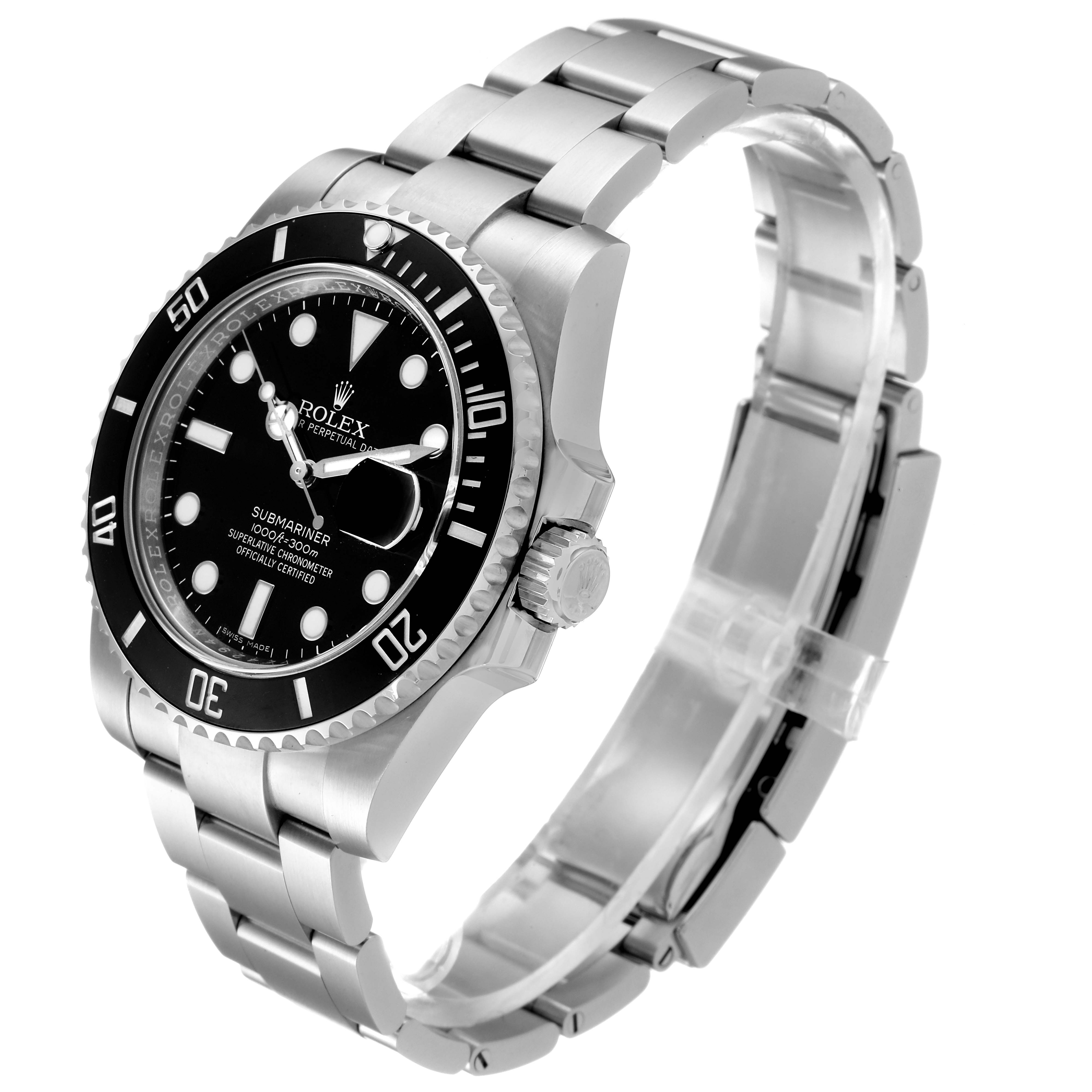 This image of the Rolex Submariner 116610LN Men
s Stainless Steel Black Dial 116610LN Men
s Stainless Steel Black Dial shows the watch at an angled side view, highlighting the bezel, dial, bracelet, and crown.