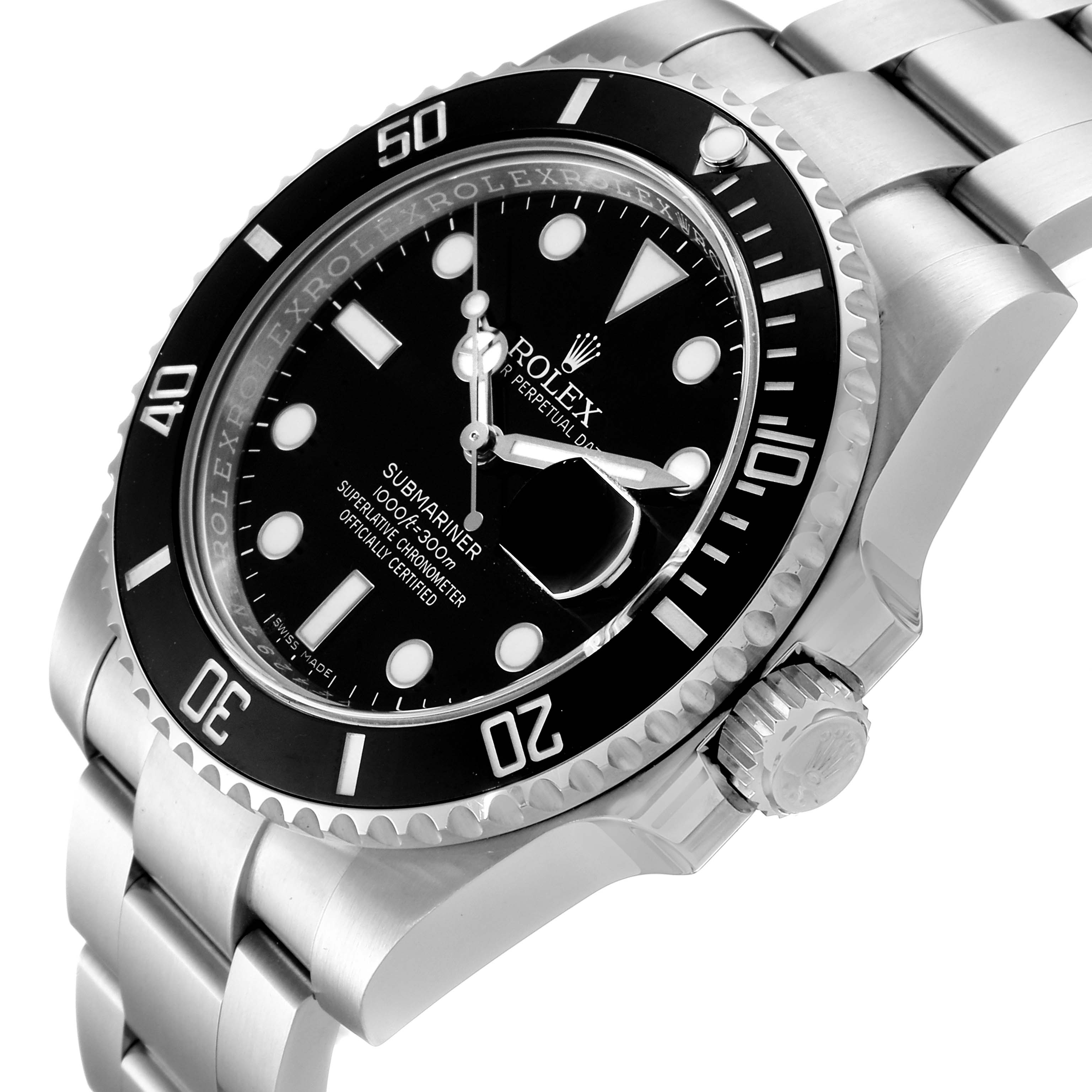 The image shows a tilted close-up view of the Rolex Submariner 116610LN Men
s Stainless Steel Black Dial 116610LN Men
s Stainless Steel Black Dial watch, highlighting the dial, bezel, crown, and bracelet.
