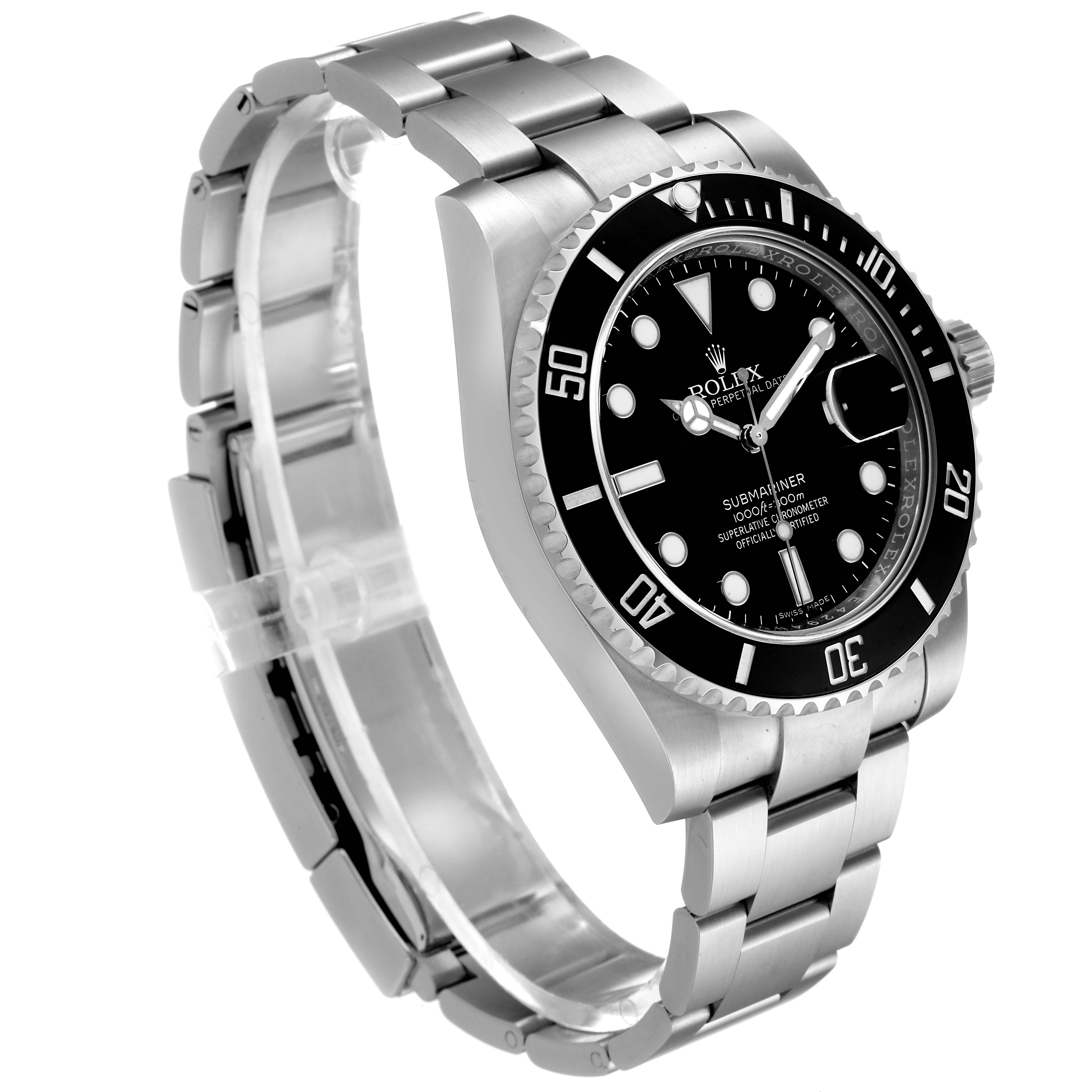 This image shows a side angle of the Rolex Submariner 116610LN Men
s Stainless Steel Black Dial 116610LN Men
s Stainless Steel Black Dial watch, highlighting the face, bezel, and bracelet.