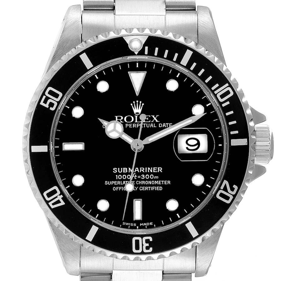 This image shows a front view of the Rolex Submariner, displaying its dial, hands, bezel, and part of the bracelet.