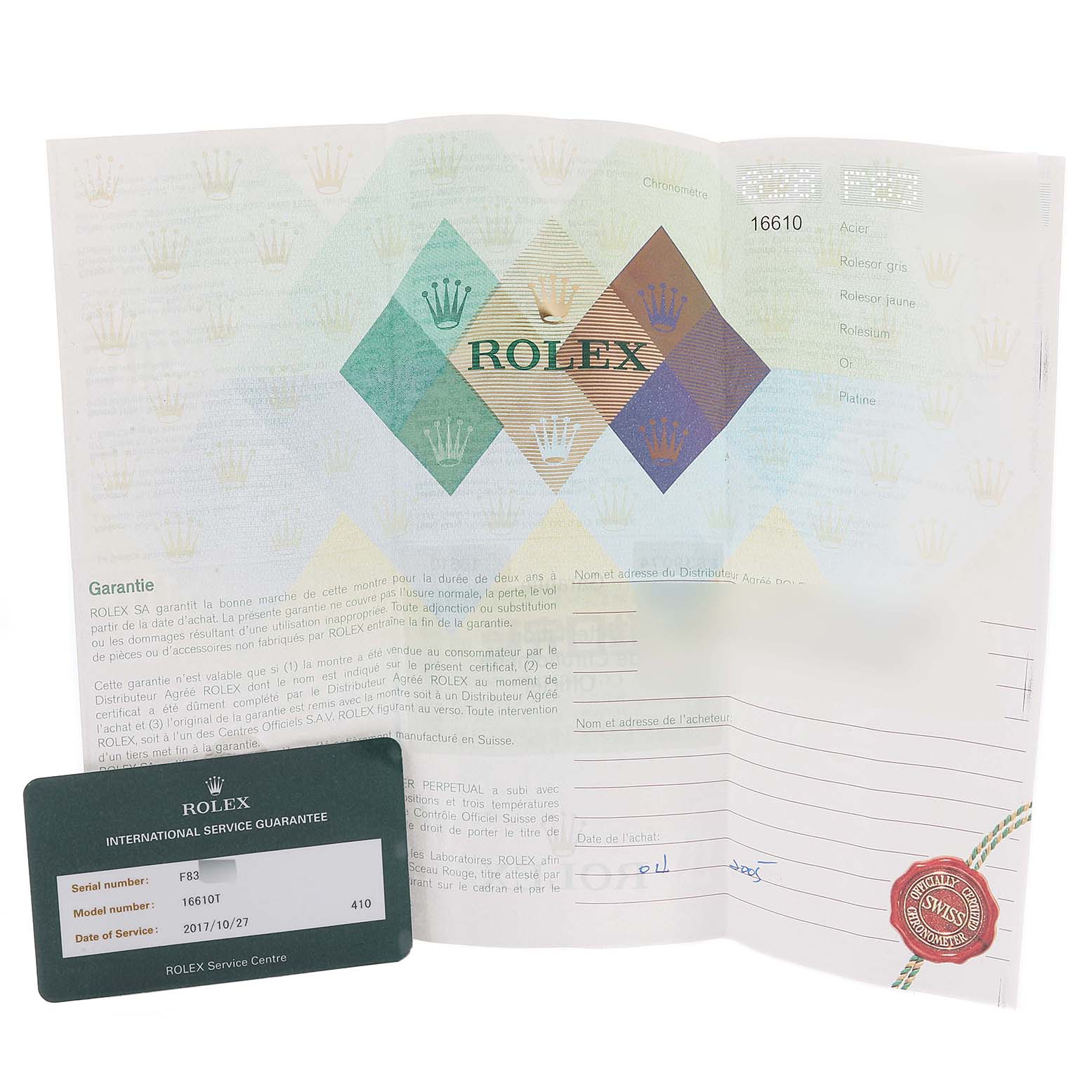 The image shows a warranty certificate and an international service guarantee card for a Rolex Submariner 16610 Men's Stainless Steel Black Dial 16610 Men's Stainless Steel Black Dial model watch.