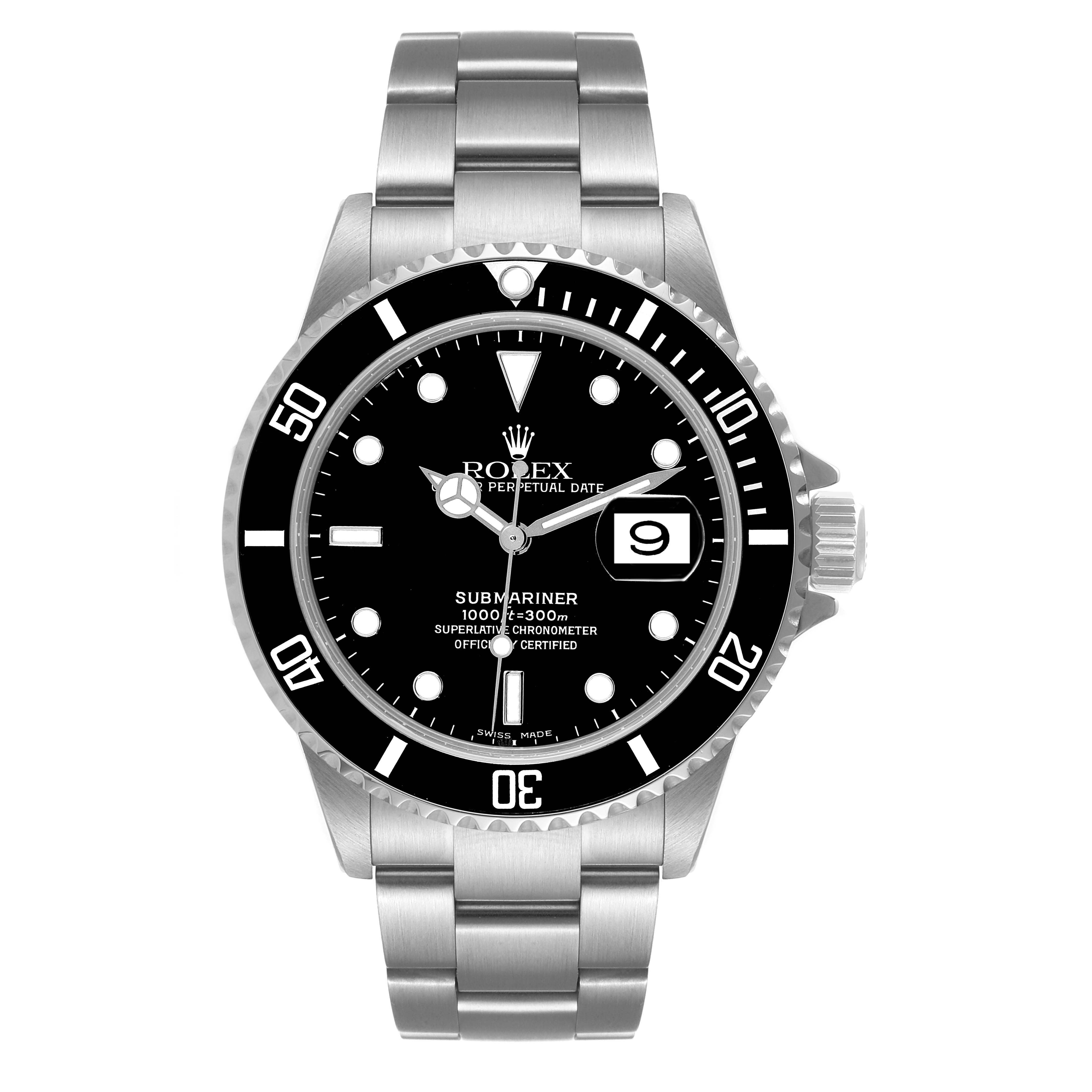 This is a front view of the Rolex Submariner 16610 Men's Stainless Steel Black Dial 16610 Men's Stainless Steel Black Dial watch, showing the dial, bezel, crown, and bracelet.