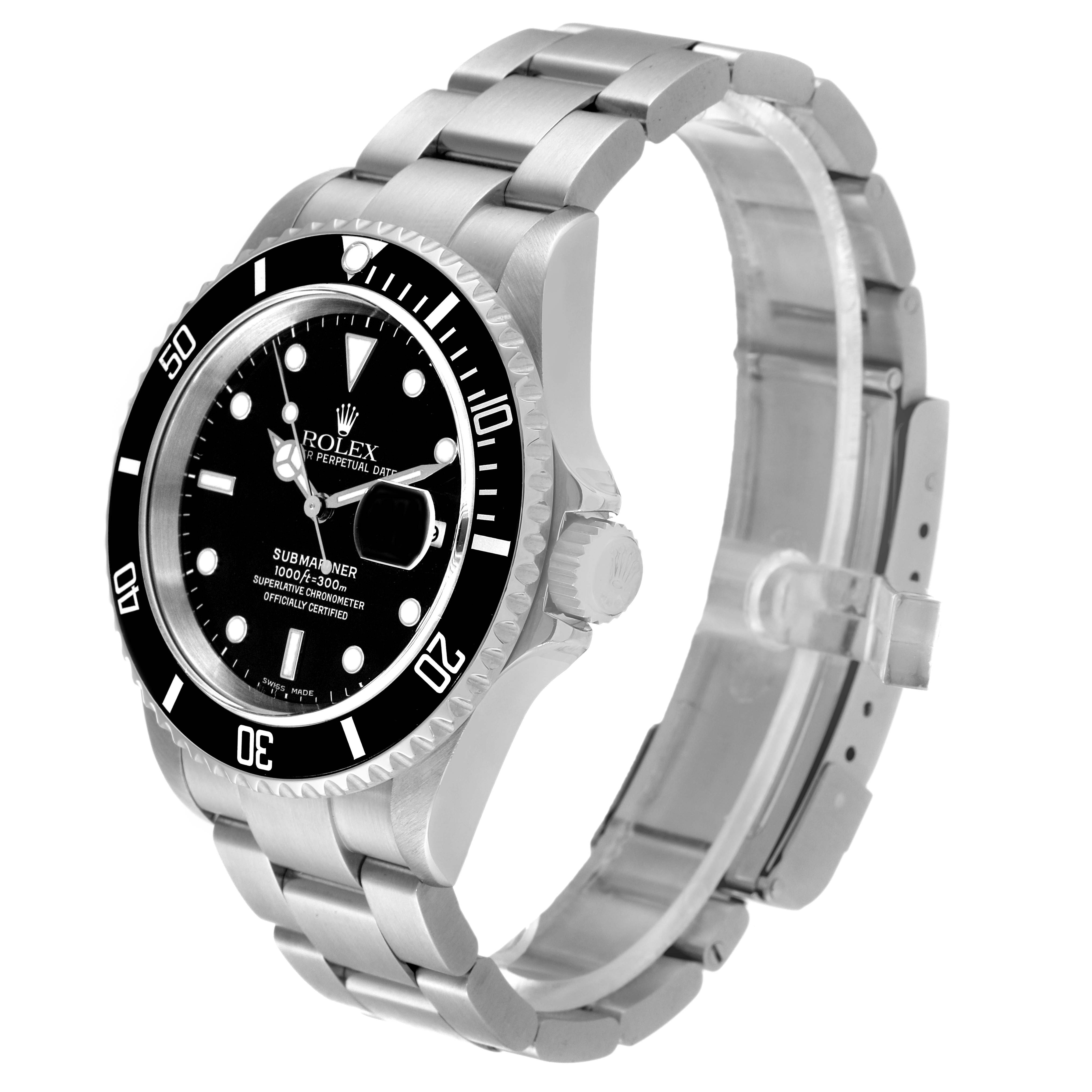 The Rolex Submariner 16610 Men's Stainless Steel Black Dial 16610 Men's Stainless Steel Black Dial is shown at a slight side angle, displaying its face, bezel, crown, and bracelet.