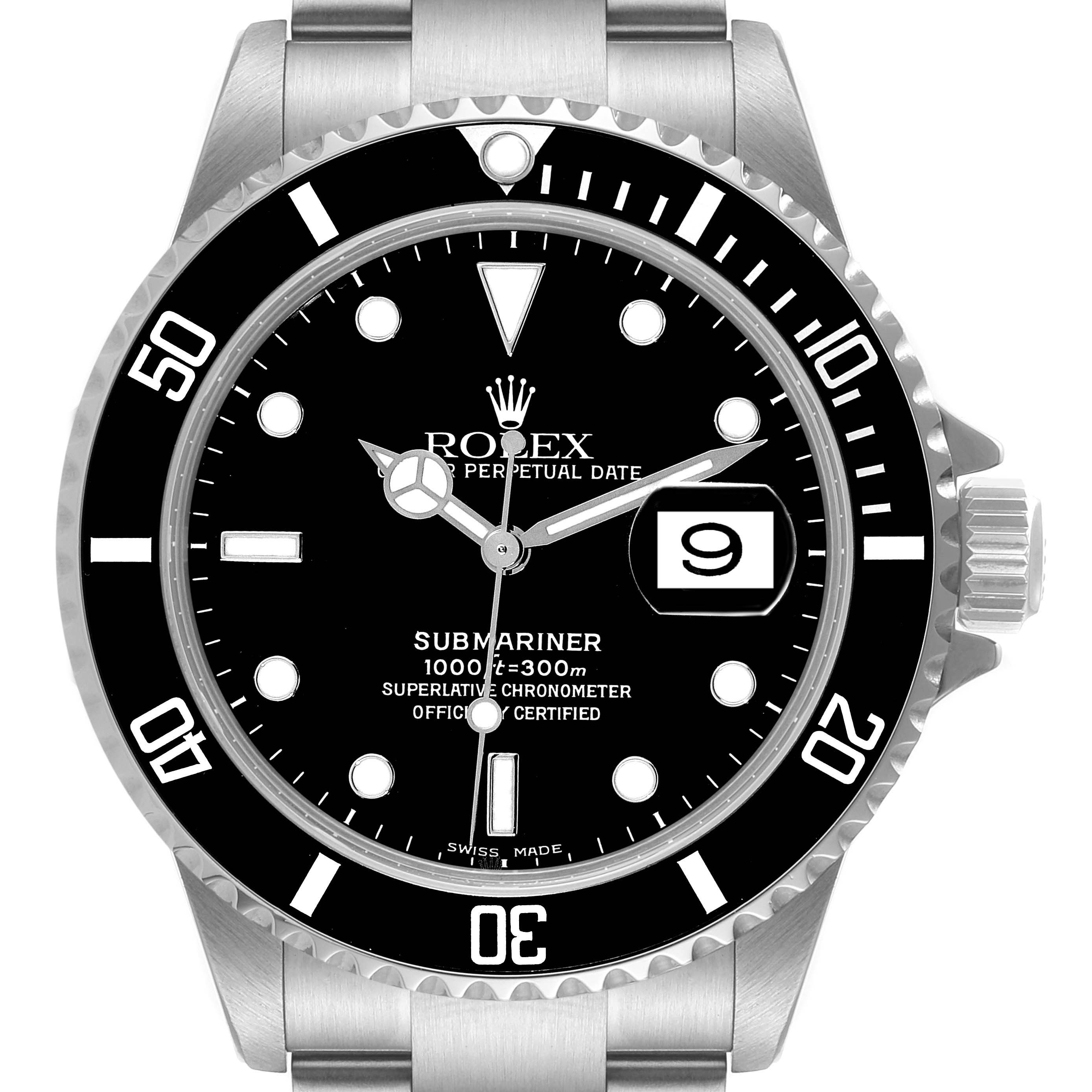 The image shows a head-on view of a Rolex Submariner 16610 Men's Stainless Steel Black Dial 16610 Men's Stainless Steel Black Dial watch, highlighting its dial, bezel, and bracelet attachment.