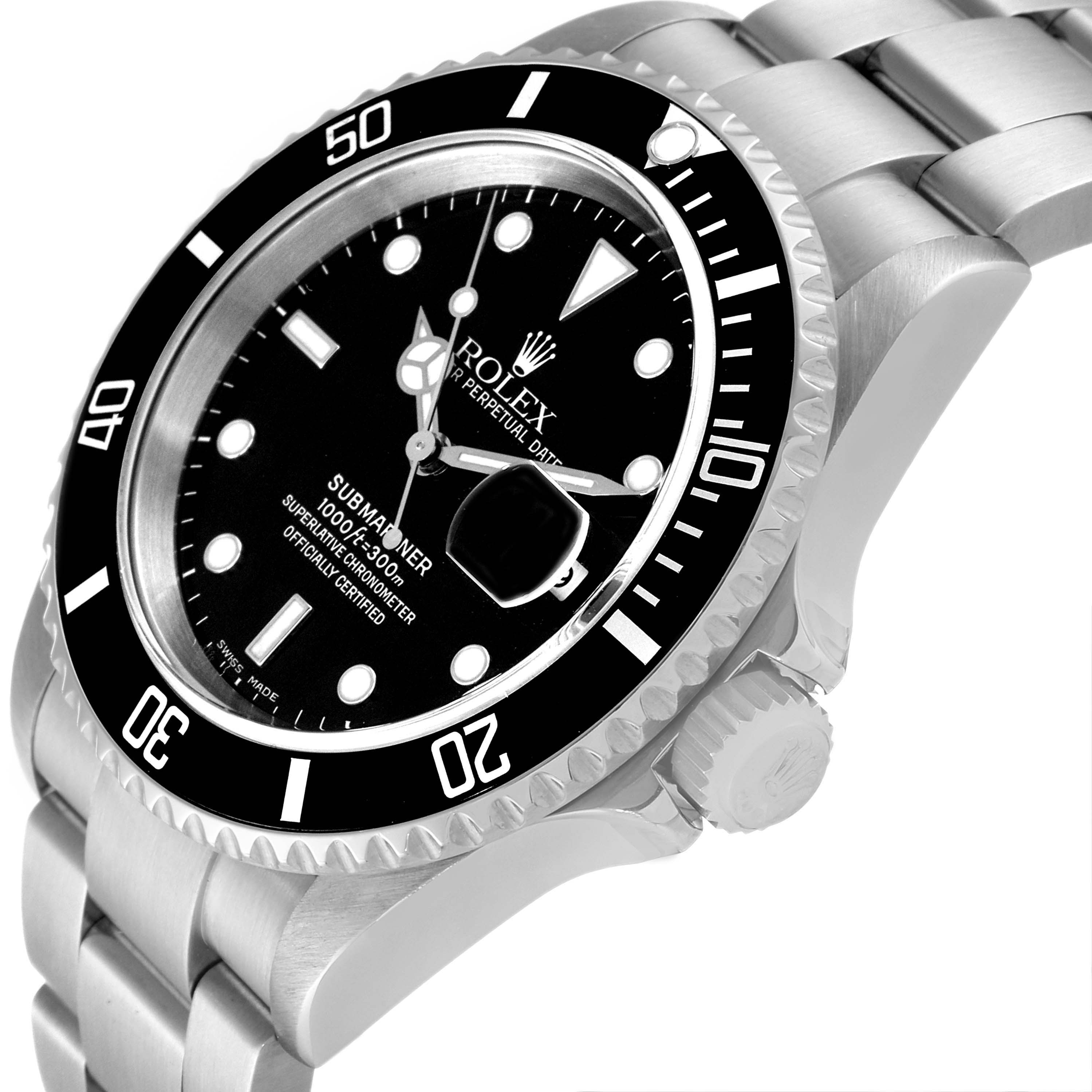 The image shows an angled view of the Rolex Submariner 16610 Men's Stainless Steel Black Dial 16610 Men's Stainless Steel Black Dial watch, highlighting its black dial, bezel, and metal bracelet.