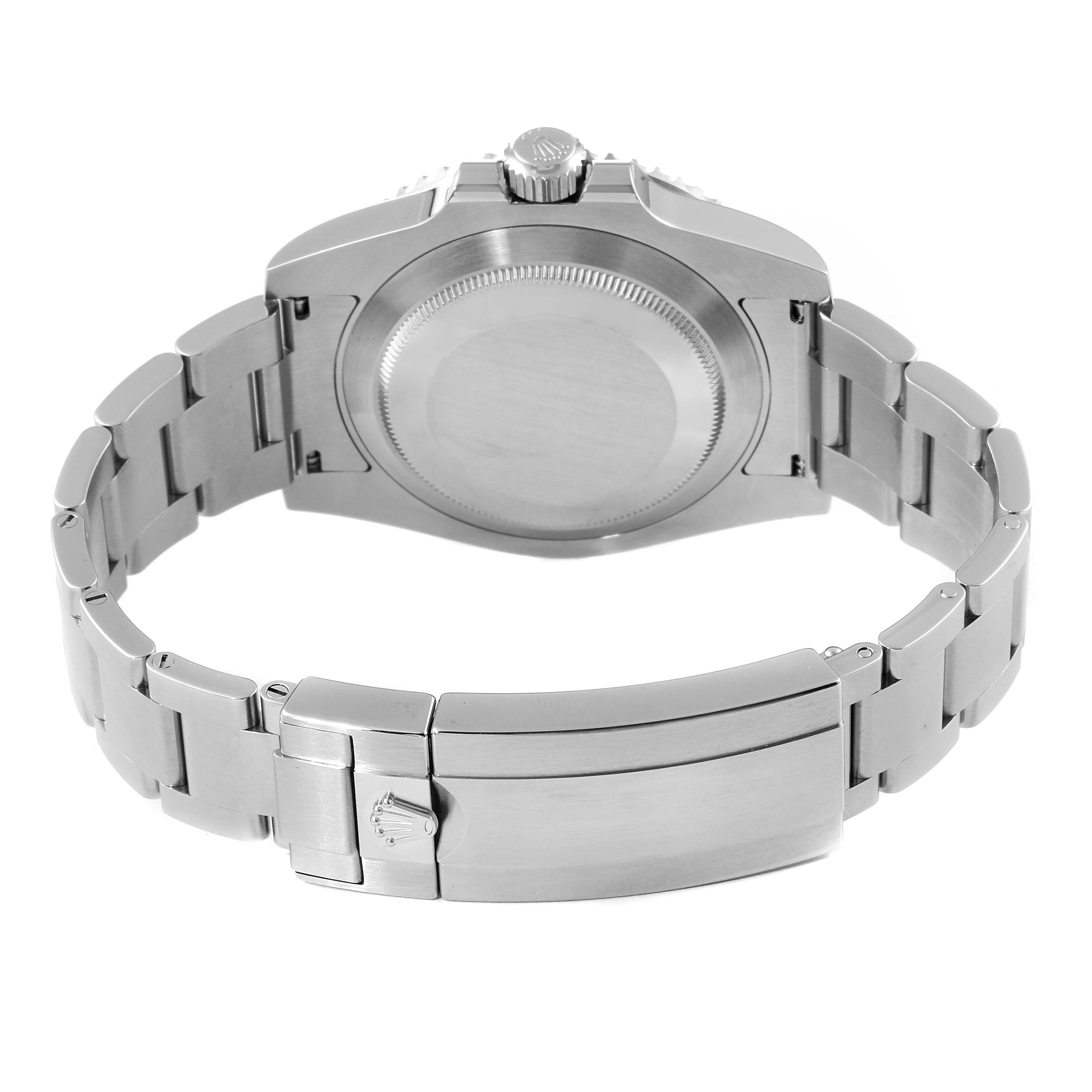 This image shows the back case and bracelet clasp of a Rolex Submariner 116610LV Men
s Stainless Steel Green Dial 116610LV Men
s Stainless Steel Green Dial watch from a rear angle.