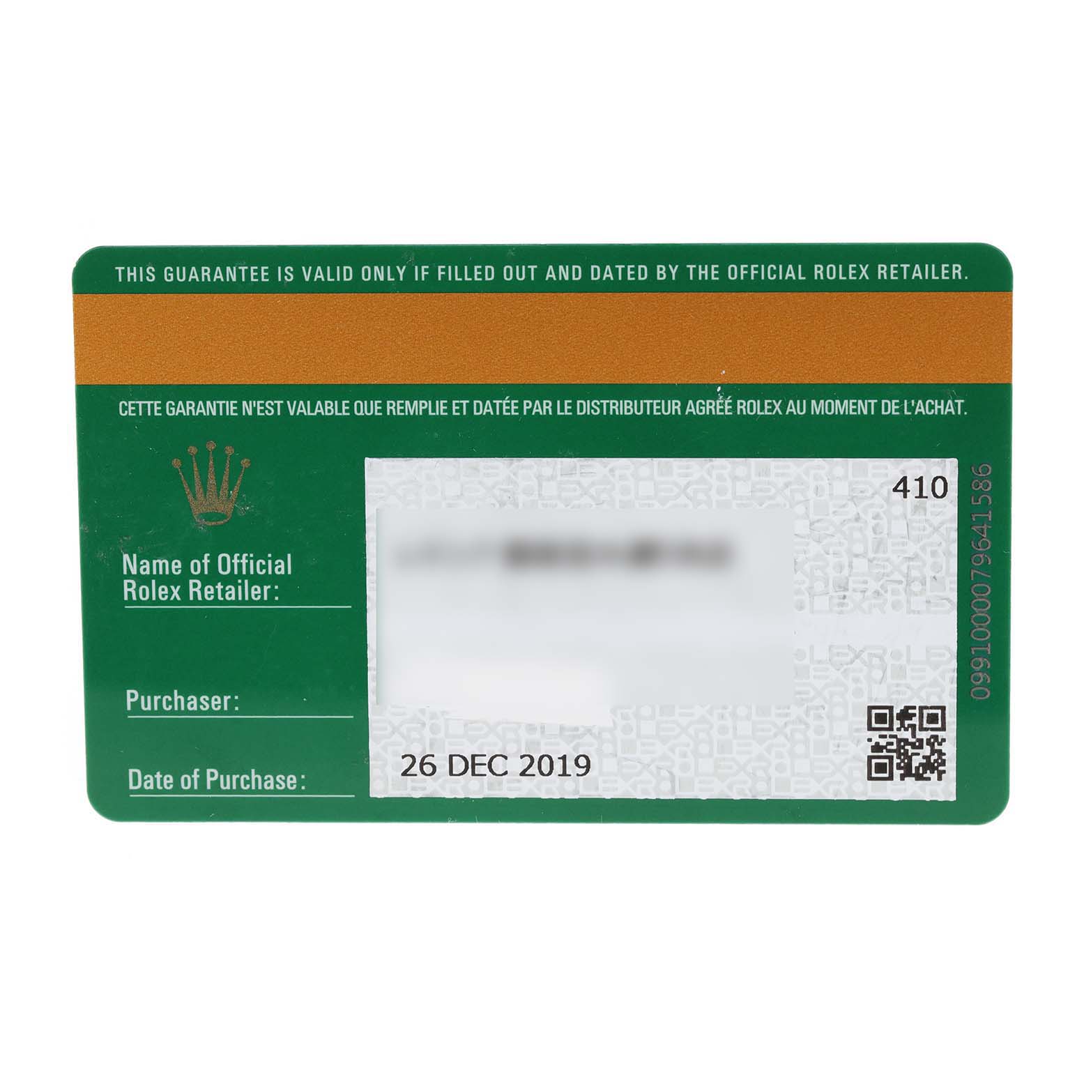 The image shows a Rolex guarantee card for the Submariner model, displaying the retailer
s name, purchase date, and serial number.