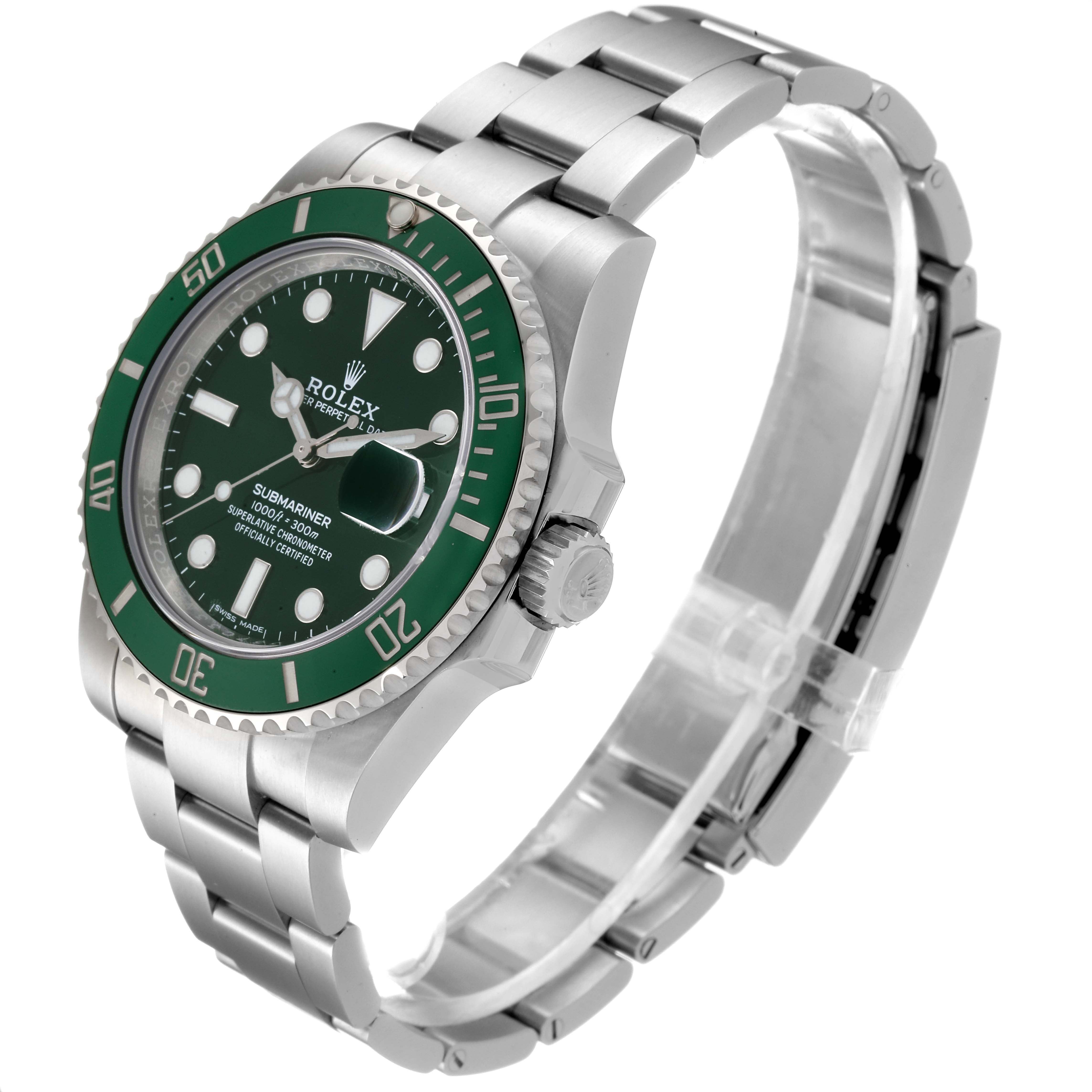 This image shows a Rolex Submariner 116610LV Men
s Stainless Steel Green Dial 116610LV Men
s Stainless Steel Green Dial watch at a three-quarter angle, highlighting the face, bezel, crown, and bracelet.
