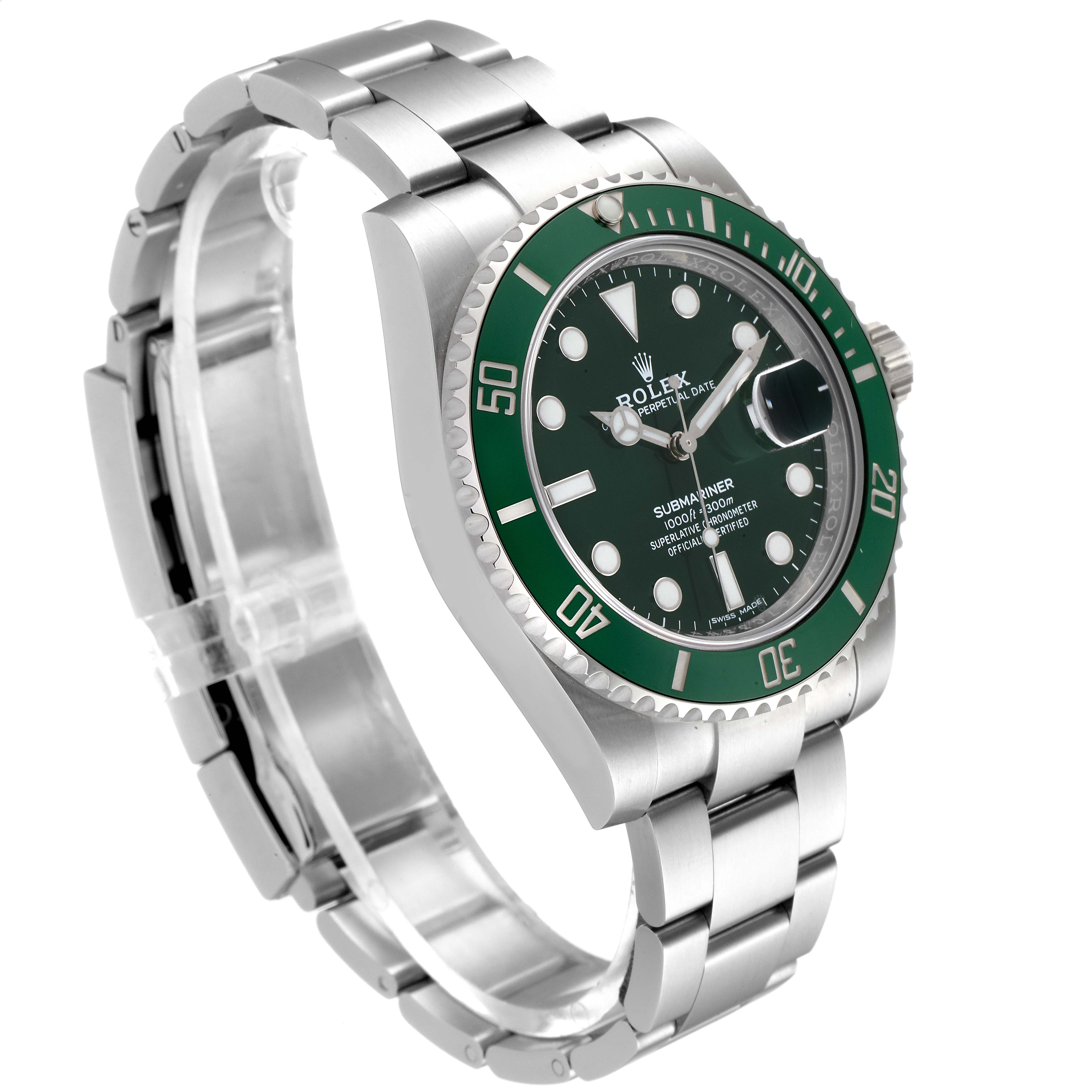 The Rolex Submariner 116610LV Men
s Stainless Steel Green Dial 116610LV Men
s Stainless Steel Green Dial watch is shown at a three-quarter angle, displaying its green bezel, dial, and stainless steel bracelet.