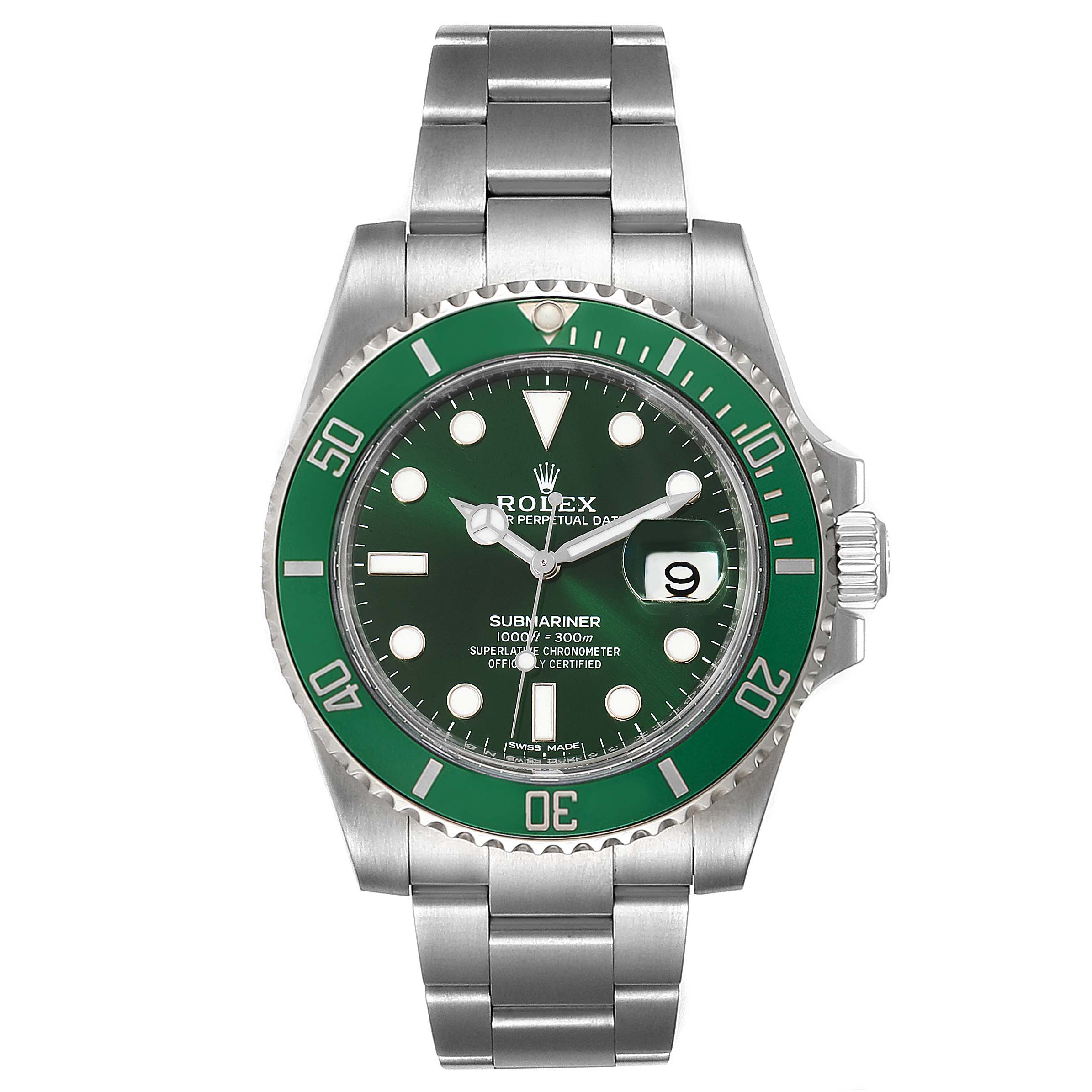 The image shows a front view of a Rolex Submariner 116610LV Men
s Stainless Steel Green Dial 116610LV Men
s Stainless Steel Green Dial watch with a green bezel and dial, featuring the crown and metal bracelet.