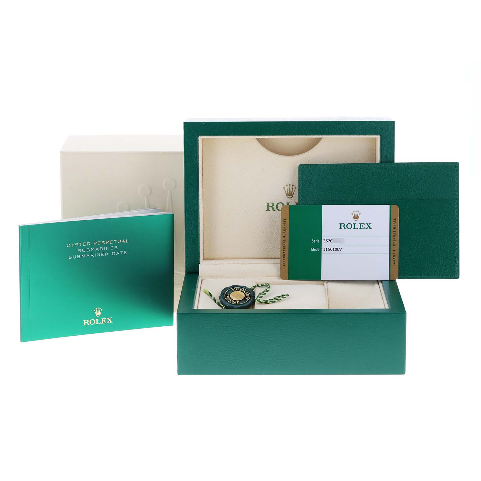 The image shows the packaging, manuals, Best Quality
ity card, and tag for a Rolex Submariner 116610LV Men
s Stainless Steel Green Dial 116610LV Men
s Stainless Steel Green Dial model watch.