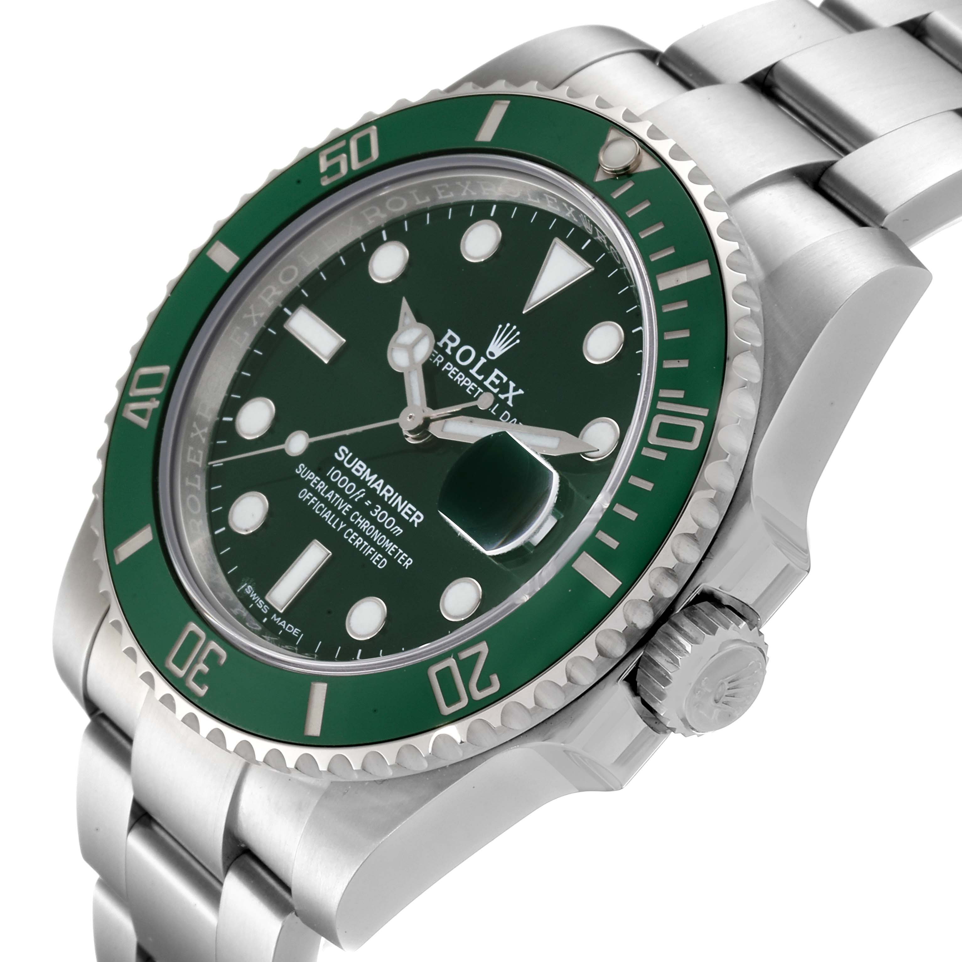 The image shows a close-up angle of the Rolex Submariner 116610LV Men
s Stainless Steel Green Dial 116610LV Men
s Stainless Steel Green Dial, highlighting the green bezel, dial, and stainless steel bracelet.