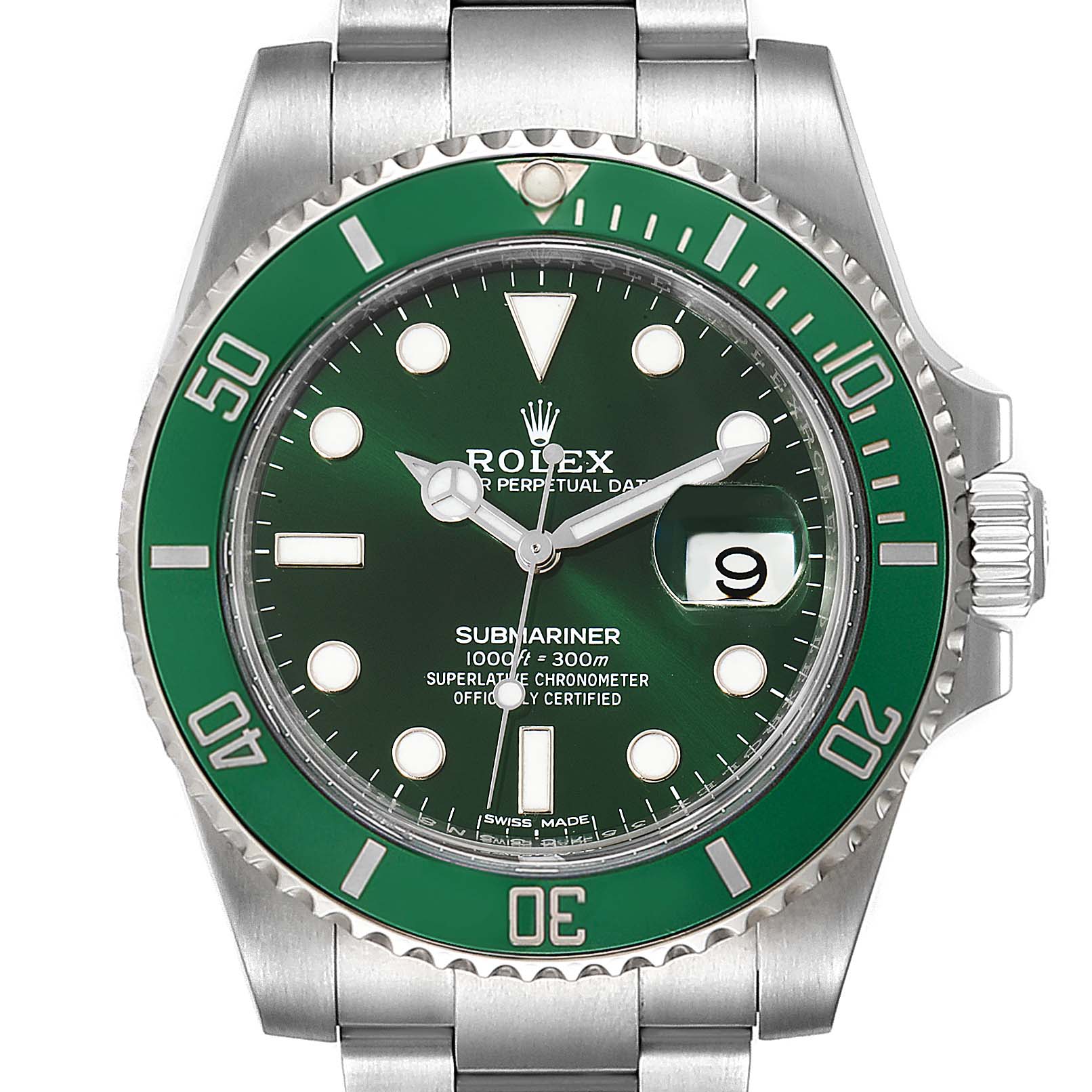 This image shows a front view of a Rolex Submariner 116610LV Men
s Stainless Steel Green Dial 116610LV Men
s Stainless Steel Green Dial watch, displaying its green bezel and face, date window, and stainless steel bracelet.