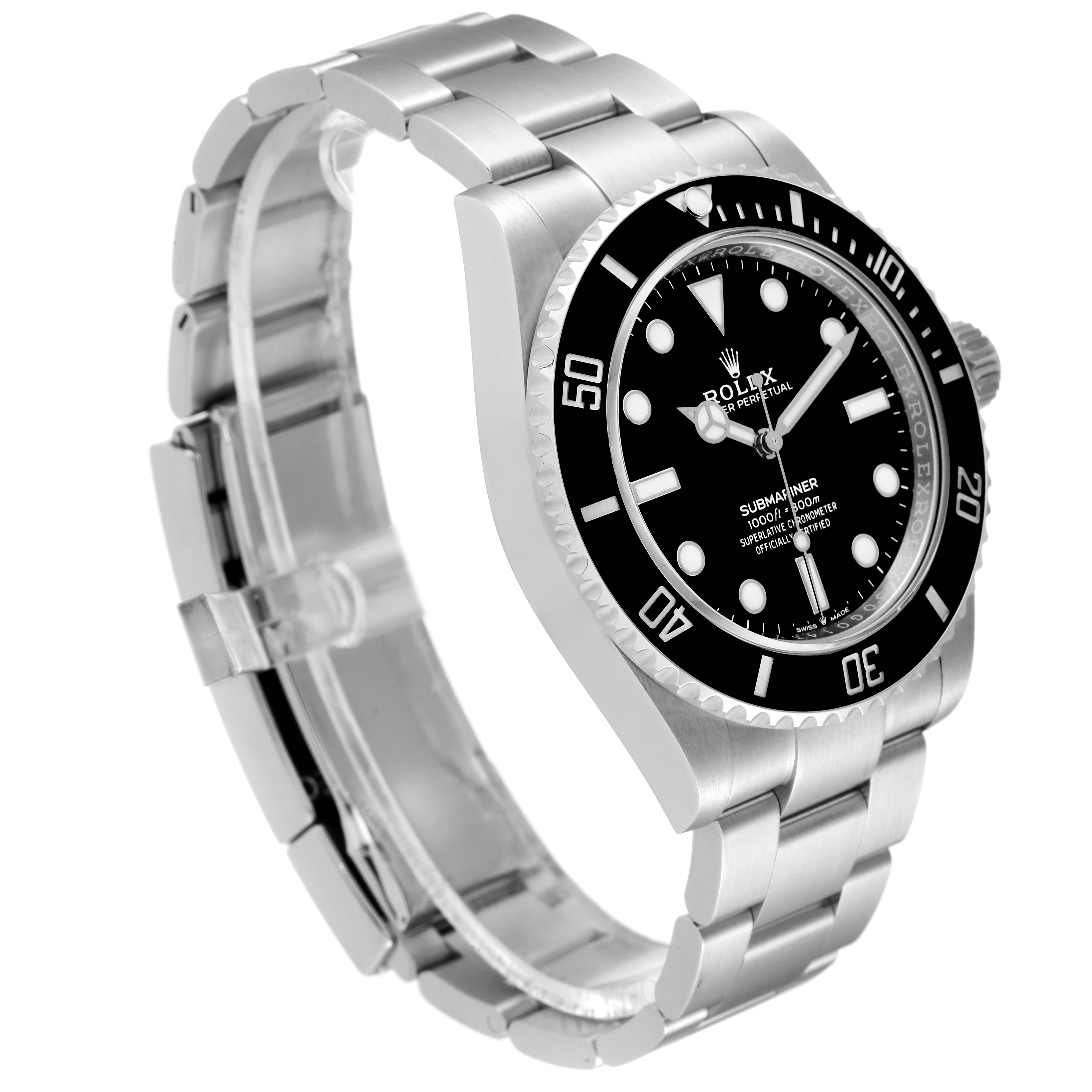 The image shows a side angle of a Rolex Submariner 124060 Men
s Stainless Steel Black Dial 124060 Men
s Stainless Steel Black Dial watch, highlighting its bracelet, bezel, and dial.