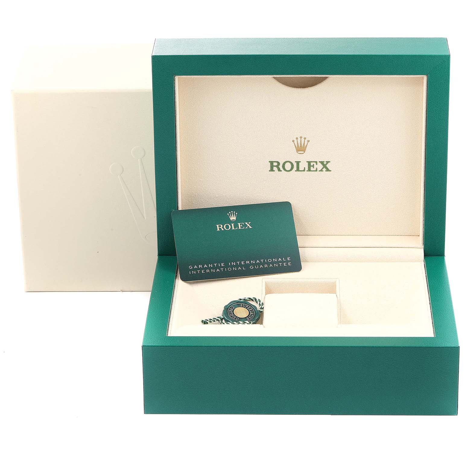 This image shows the open packaging and accessories, including the warranty card, for a Rolex Submariner 124060 Men
s Stainless Steel Black Dial 124060 Men
s Stainless Steel Black Dial watch.