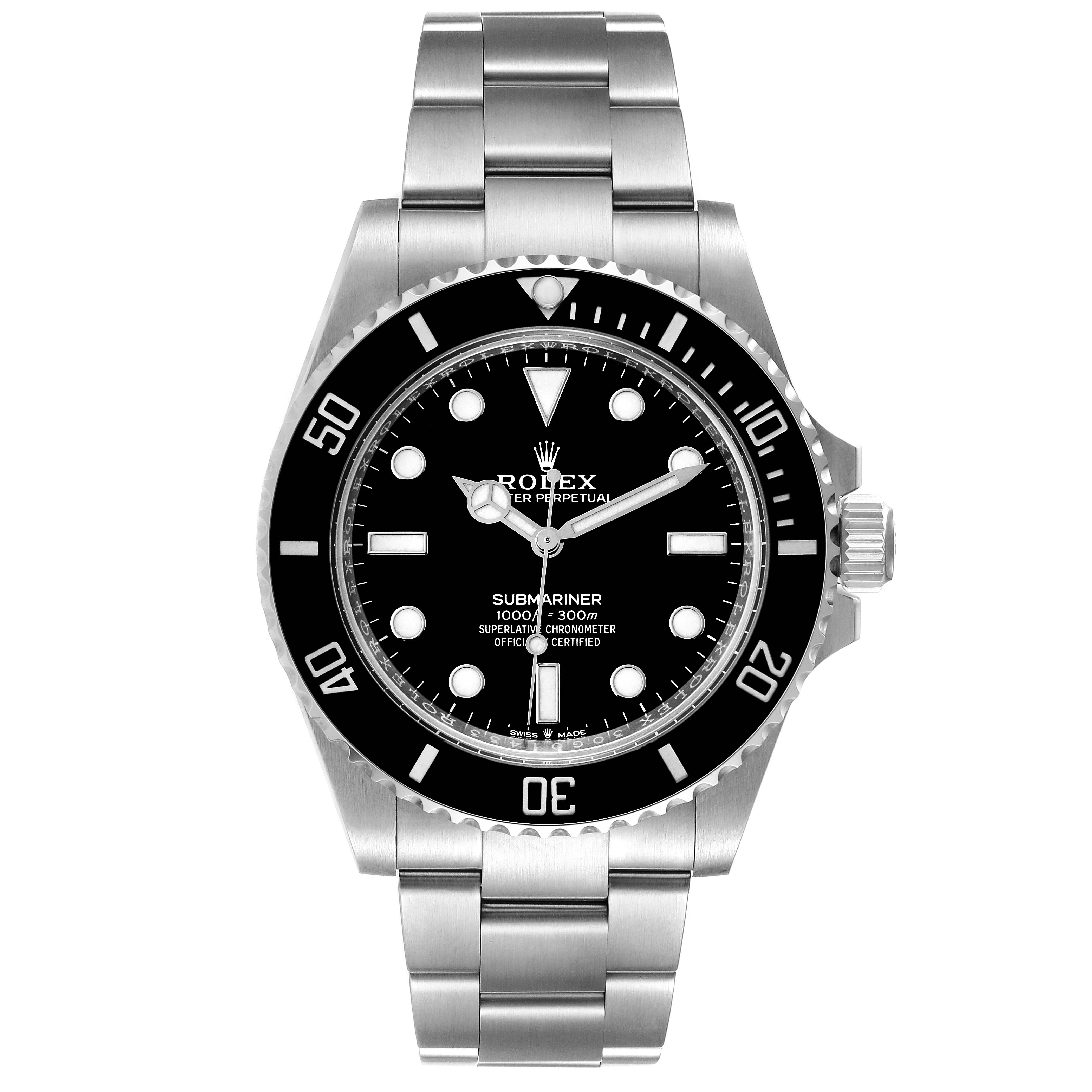 The image shows a front view of the Rolex Submariner 124060 Men
s Stainless Steel Black Dial 124060 Men
s Stainless Steel Black Dial model, displaying its black dial, bezel, and stainless steel bracelet.